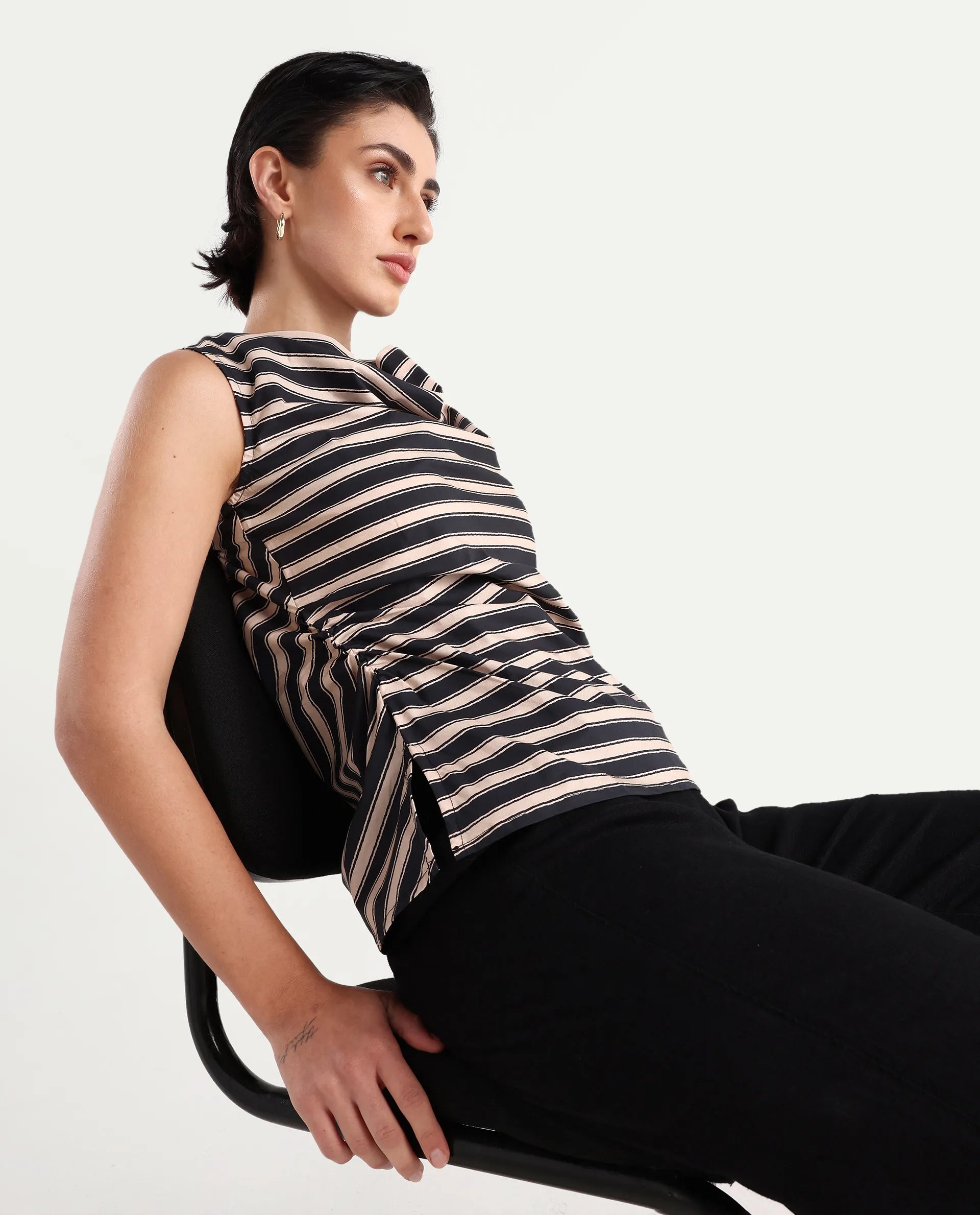 Rareism Women's Gaaro Black Poplin Cowl Neck Striped Sleeveless Regular Fit Top