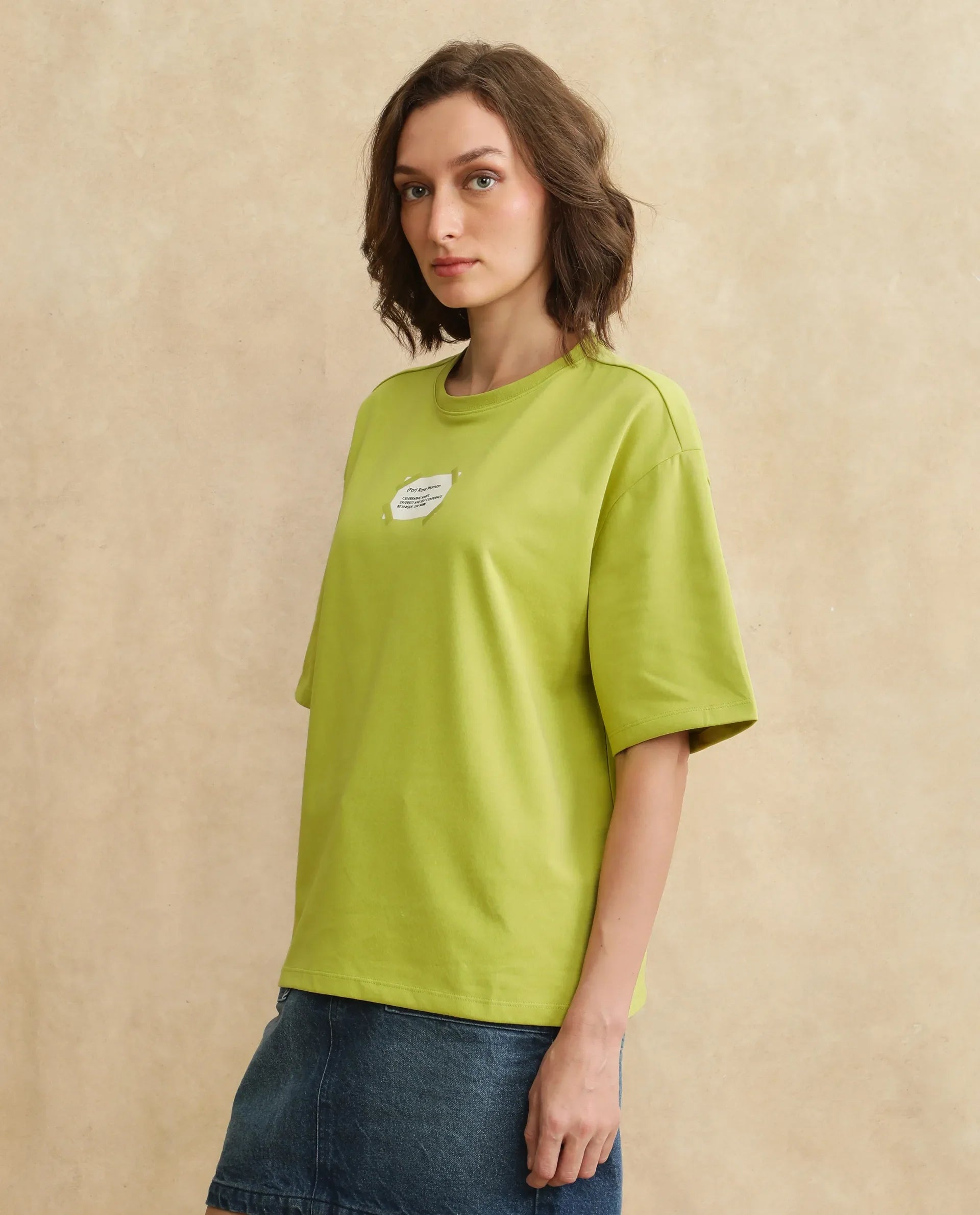 Rareism Women's Gare Flouroscent Green Polyester Blend Crew Neck Graphic Print Oversized T-Shirt