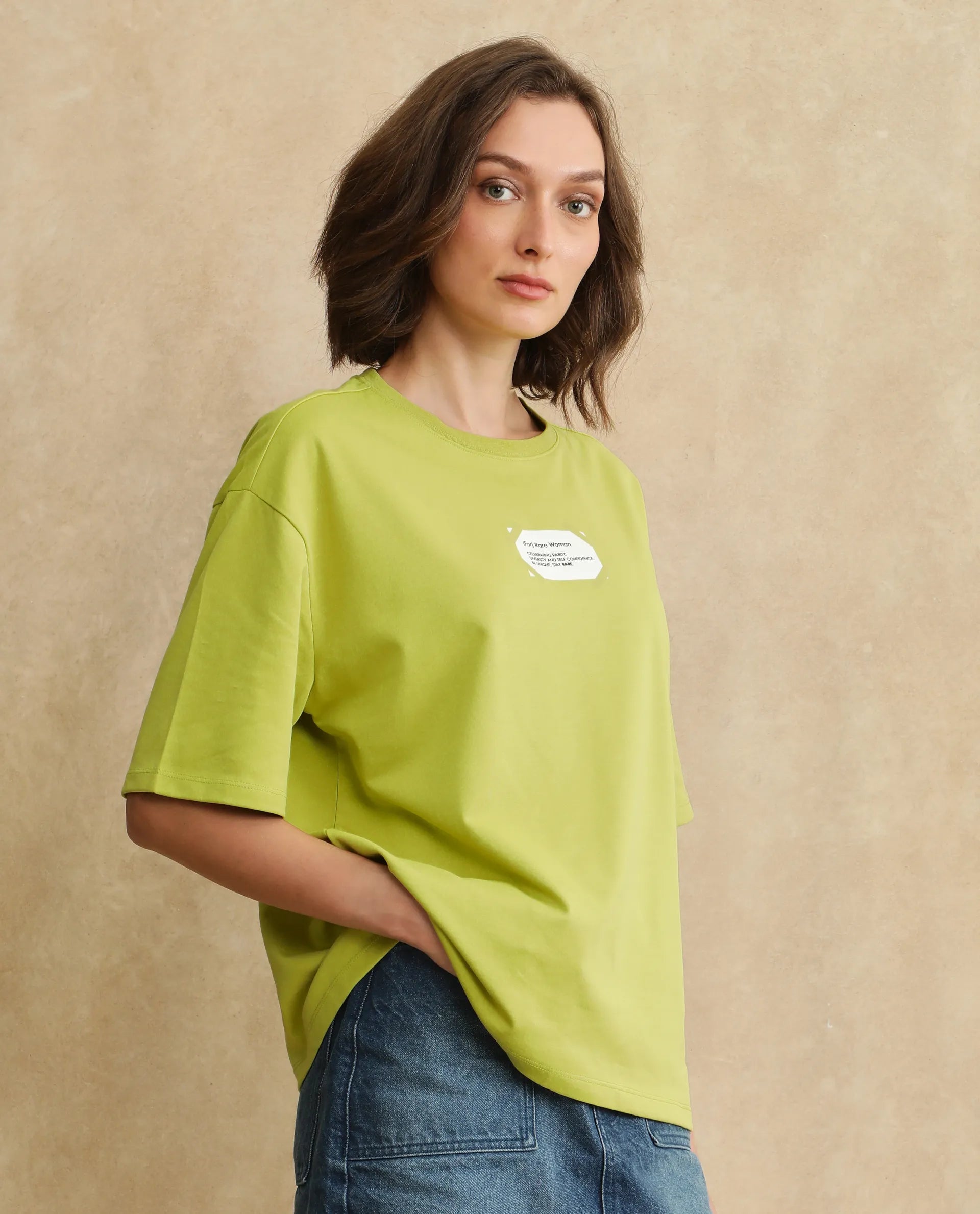 Rareism Women's Gare Flouroscent Green Polyester Blend Crew Neck Graphic Print Oversized T-Shirt