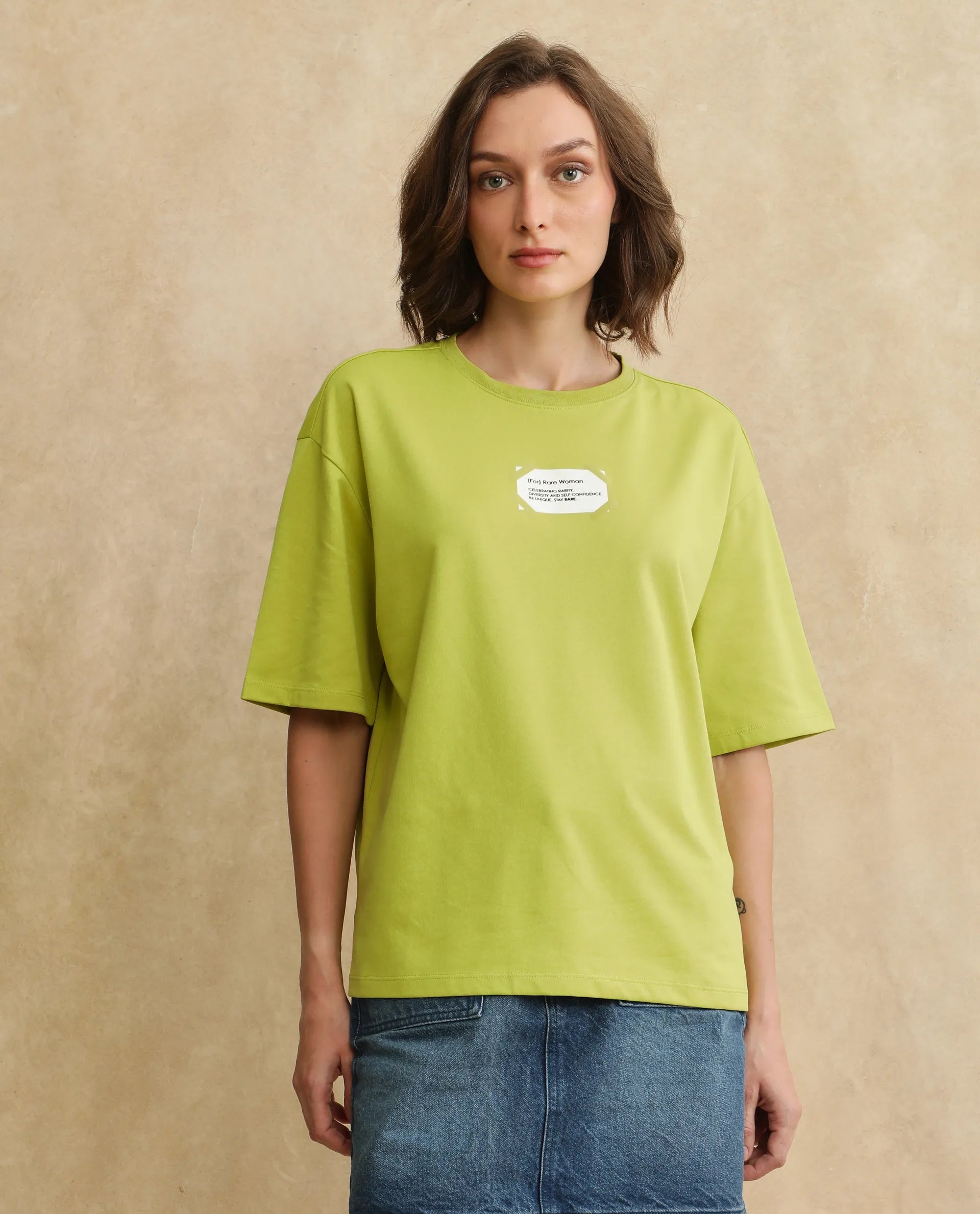 Rareism Women's Gare Flouroscent Green Polyester Blend Crew Neck Graphic Print Oversized T-Shirt