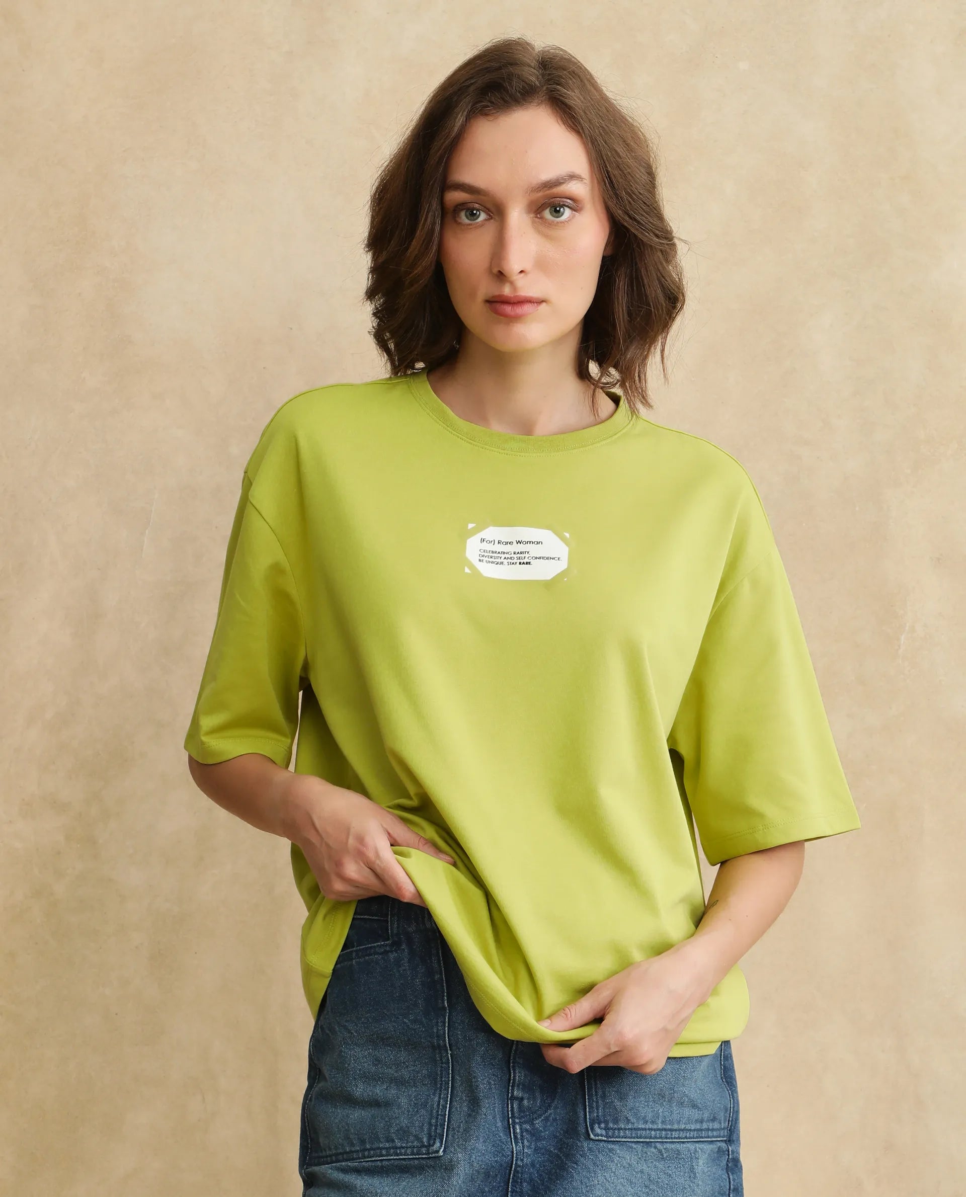 Rareism Women's Gare Flouroscent Green Polyester Blend Crew Neck Graphic Print Oversized T-Shirt