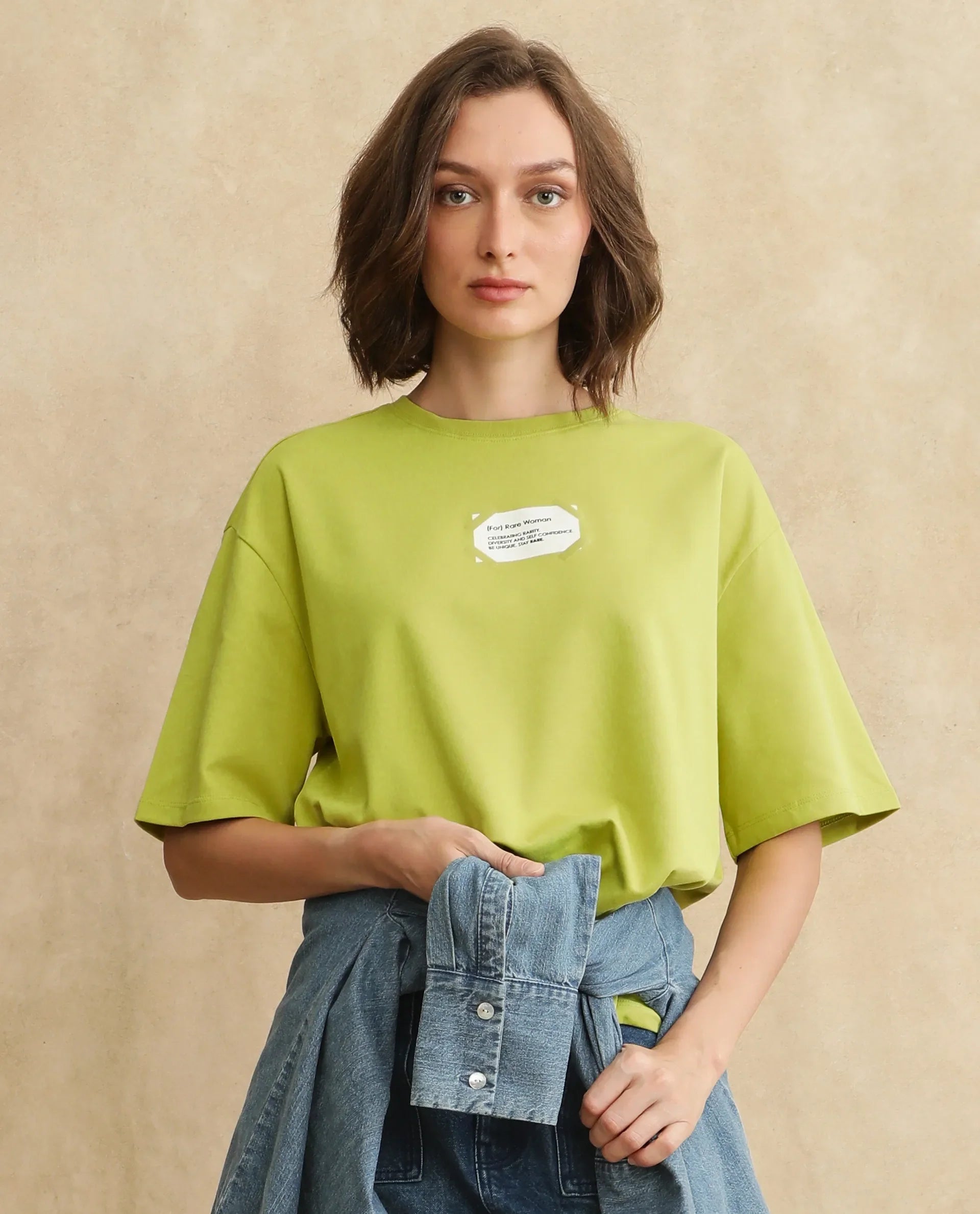 Rareism Women's Gare Flouroscent Green Polyester Blend Crew Neck Graphic Print Oversized T-Shirt