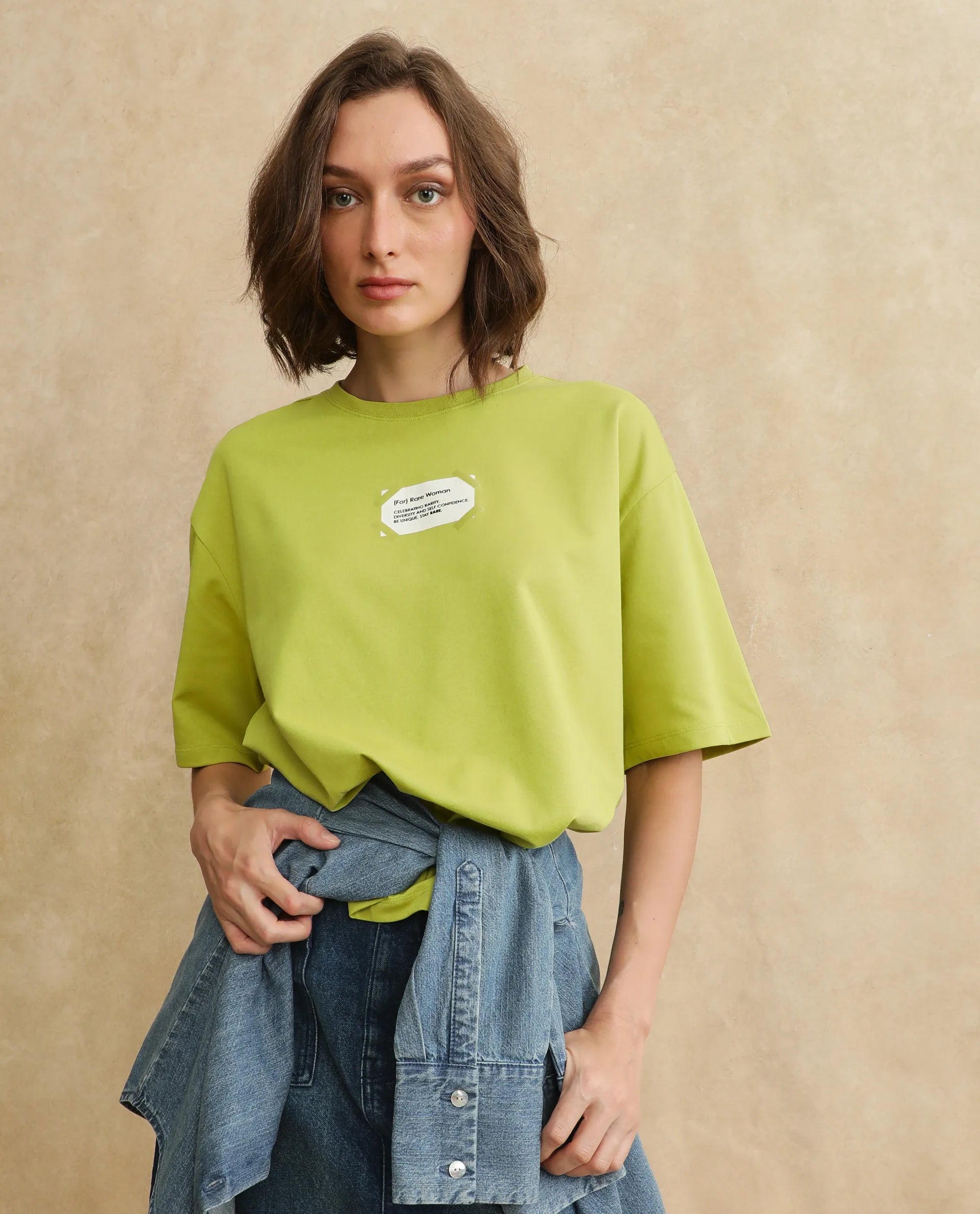 Rareism Women's Gare Flouroscent Green Polyester Blend Crew Neck Graphic Print Oversized T-Shirt