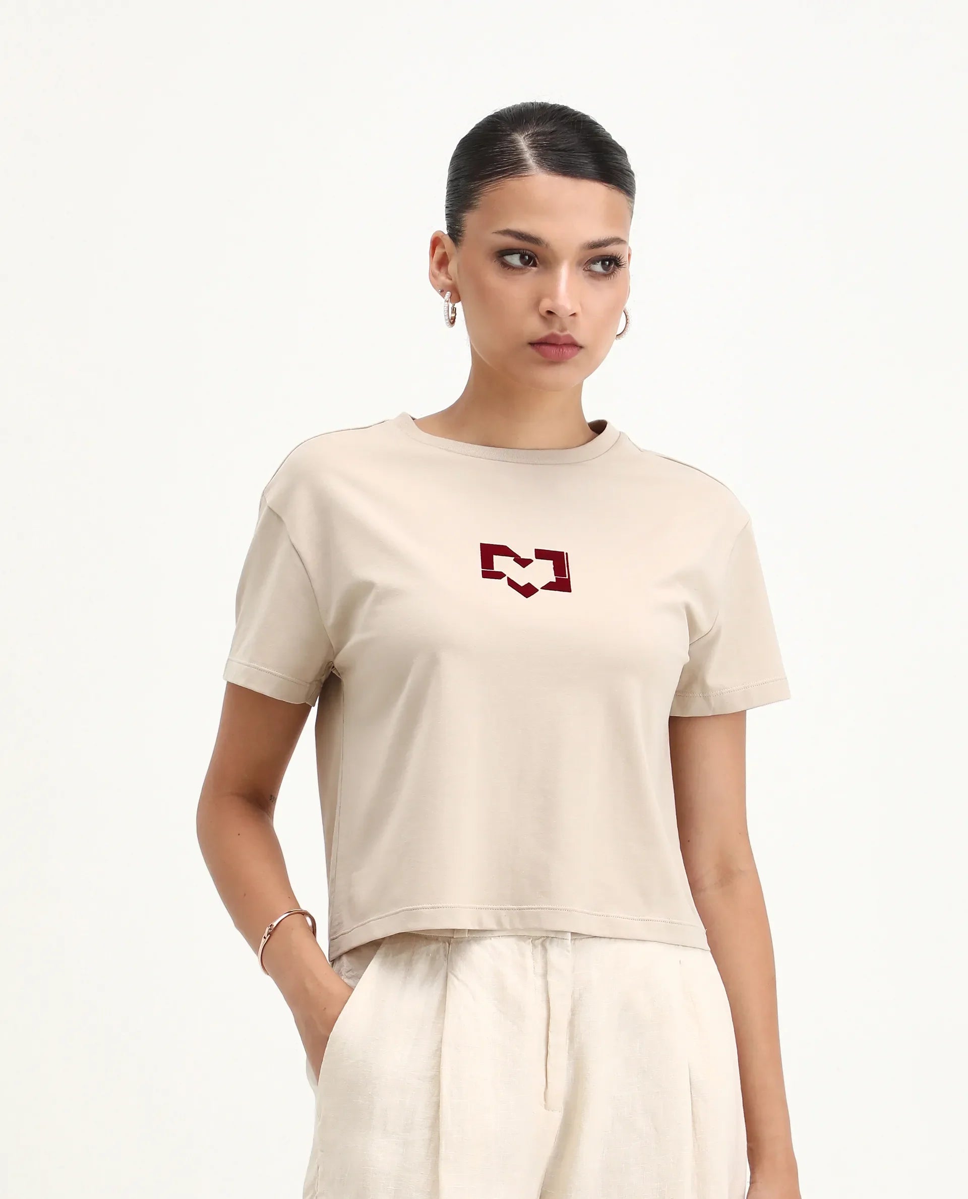 Rareism Women's Garn Beige Cotton Blend Crew Neck Regular Fit T-Shirt