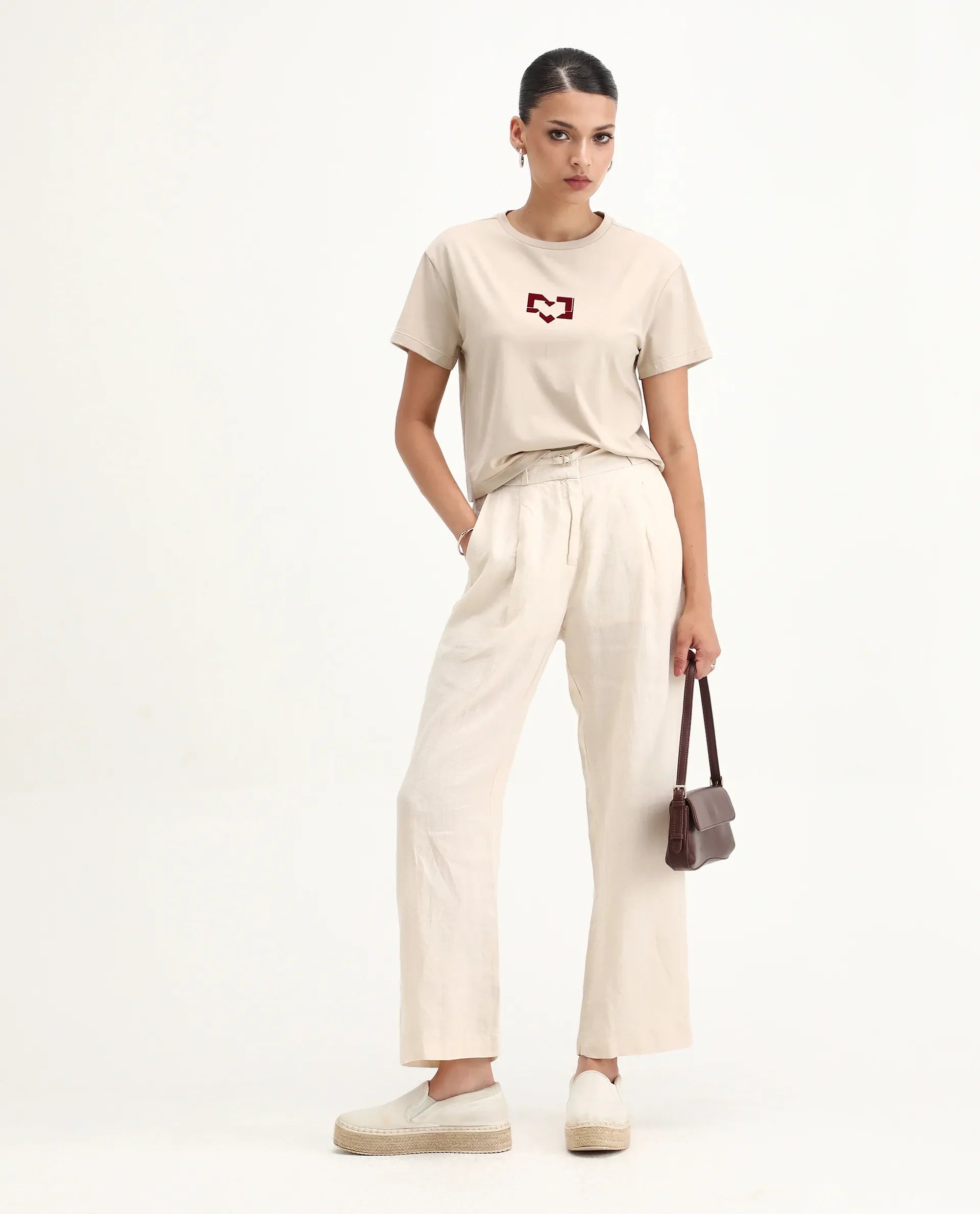 Rareism Women's Garn Beige Cotton Blend Crew Neck Regular Fit T-Shirt