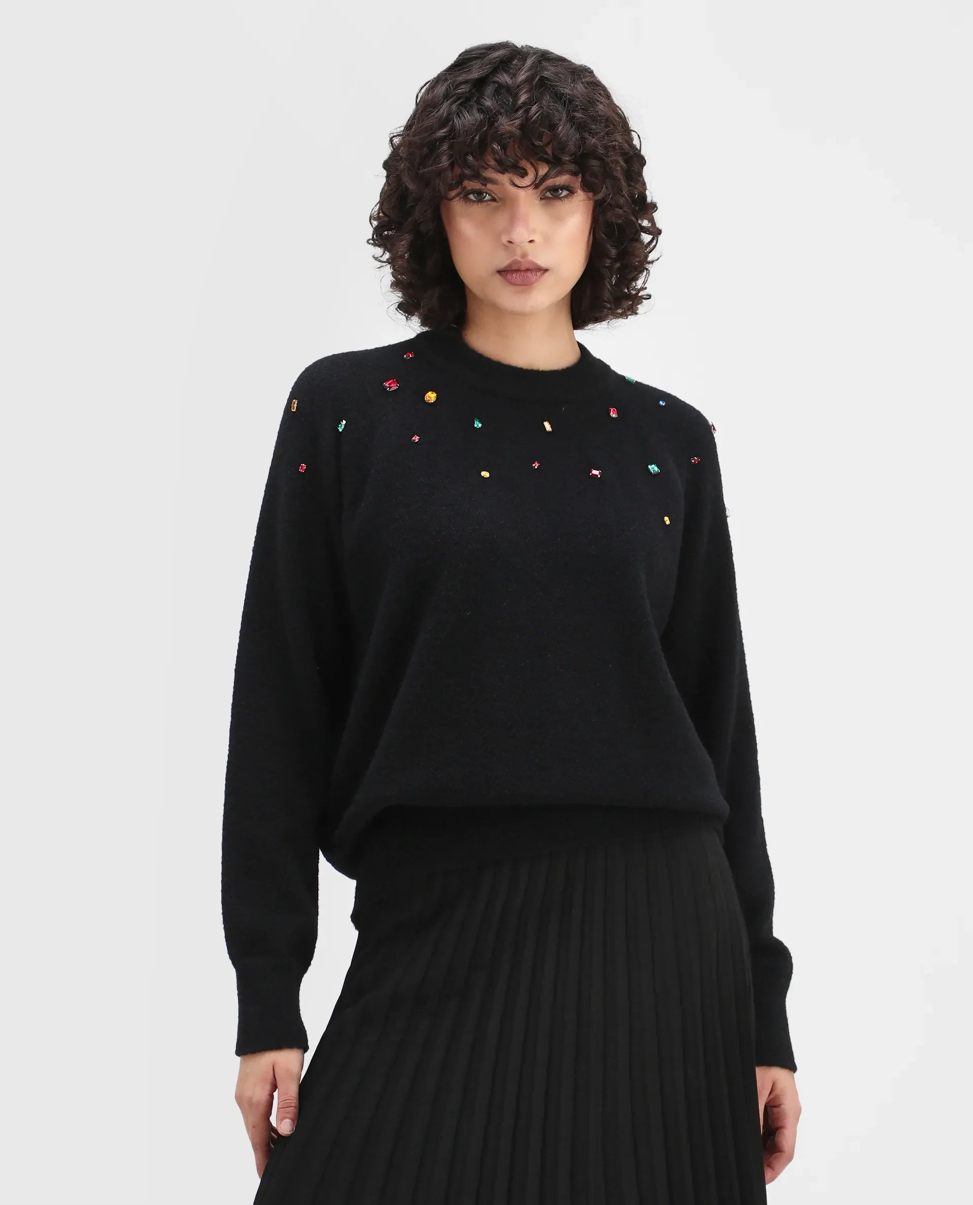 Rareism Women's Garnet Black Nylon Crew Neck Relaxed Fit Sweater