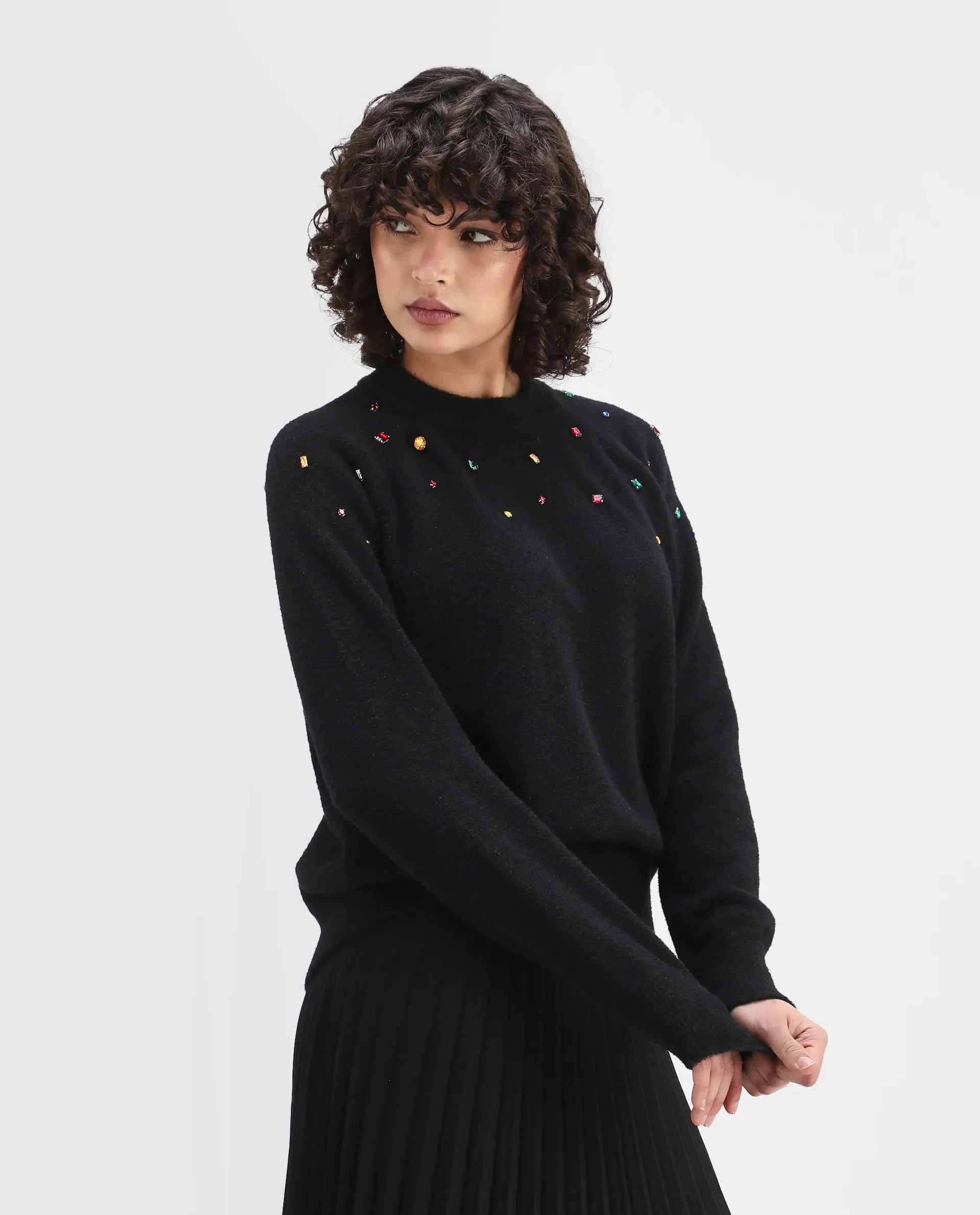 Rareism Women's Garnet Black Nylon Crew Neck Relaxed Fit Sweater