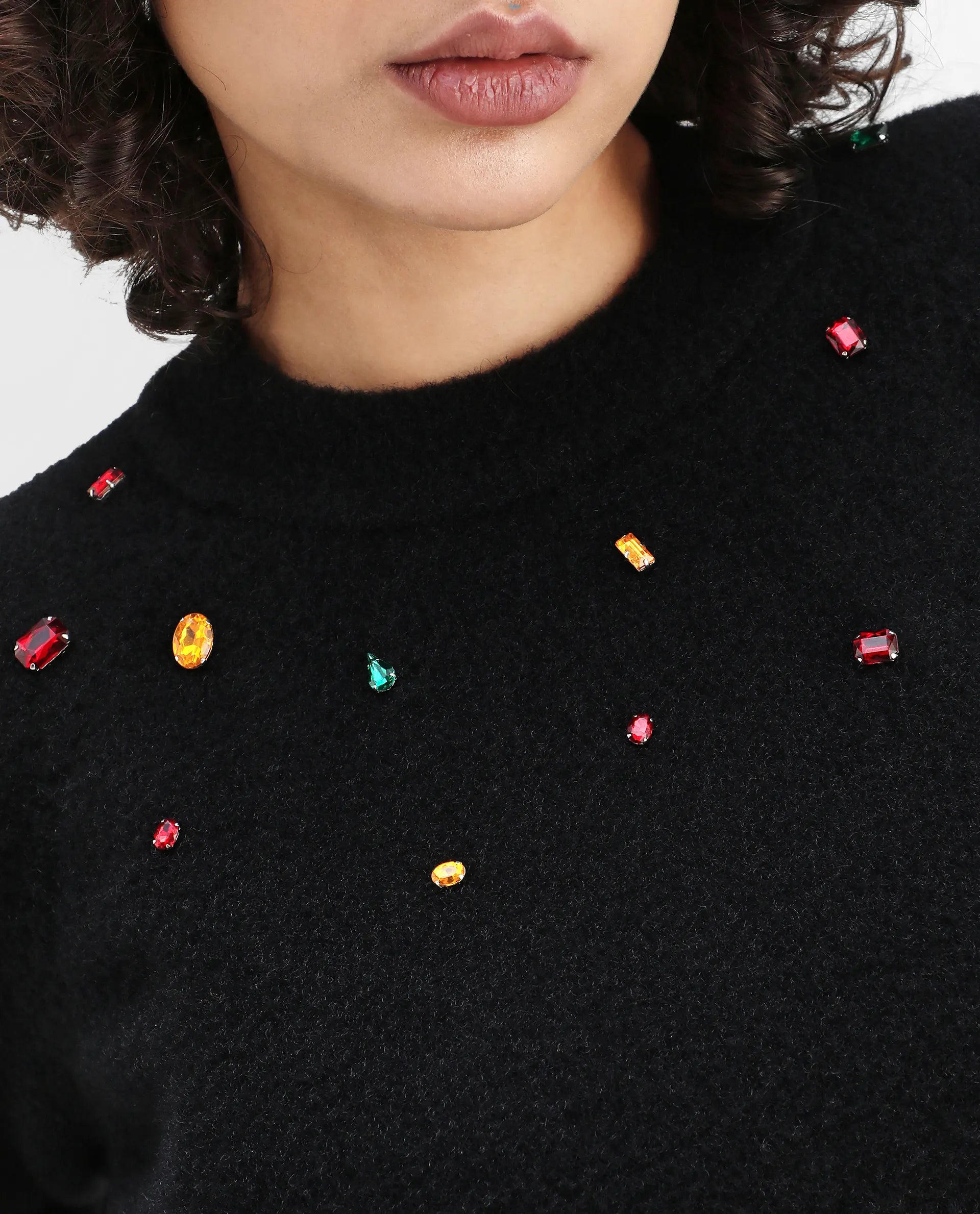 Rareism Women's Garnet Black Nylon Crew Neck Relaxed Fit Sweater