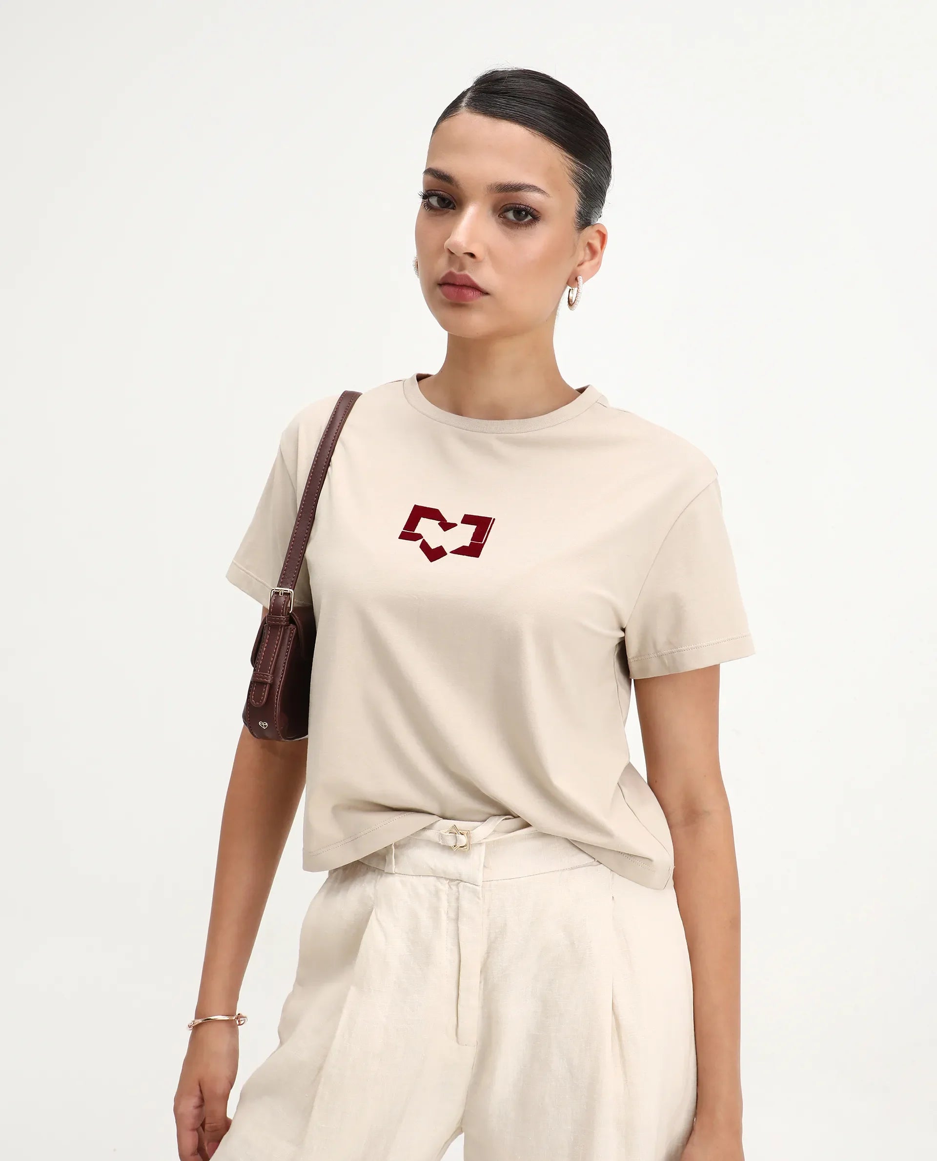 Rareism Women's Garn Beige Cotton Blend Crew Neck Regular Fit T-Shirt