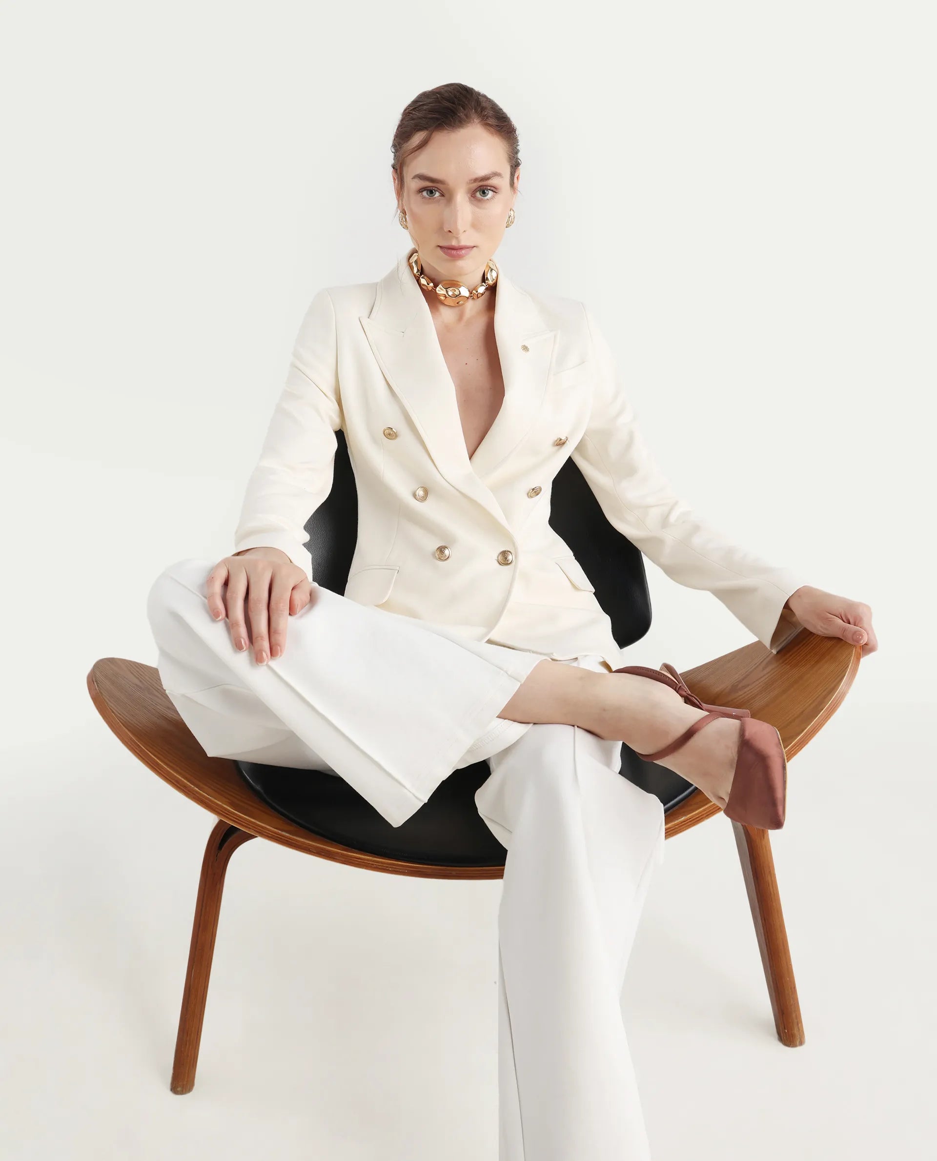 Rareism Women's Garoz Off White Polyester Blend Full Sleeve Lapel Collar Plain Blazer