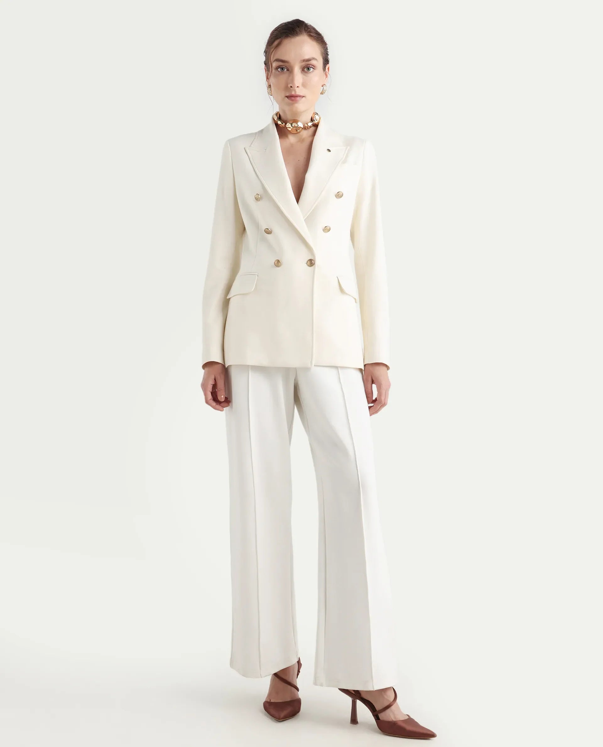 Rareism Women's Garoz Off White Polyester Blend Full Sleeve Lapel Collar Plain Blazer