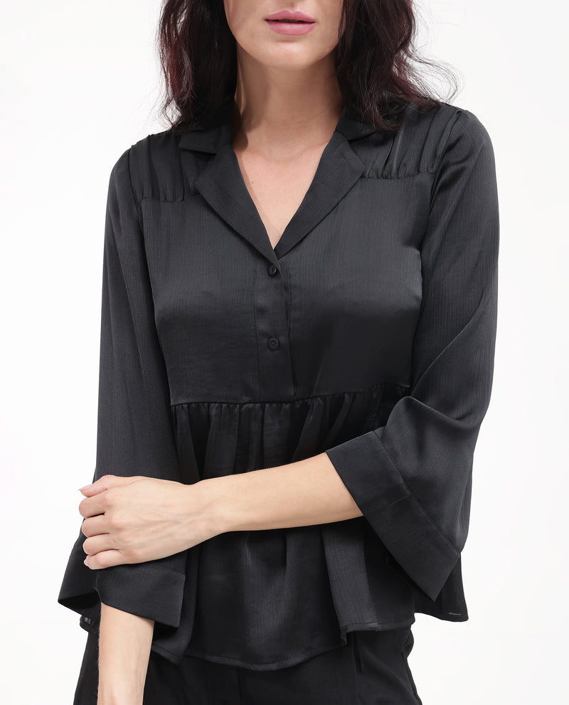 Rareism Women Gaurerro Black Polyester Button Closure 3/4Th Sleeve Mandarin Collar Plain Top