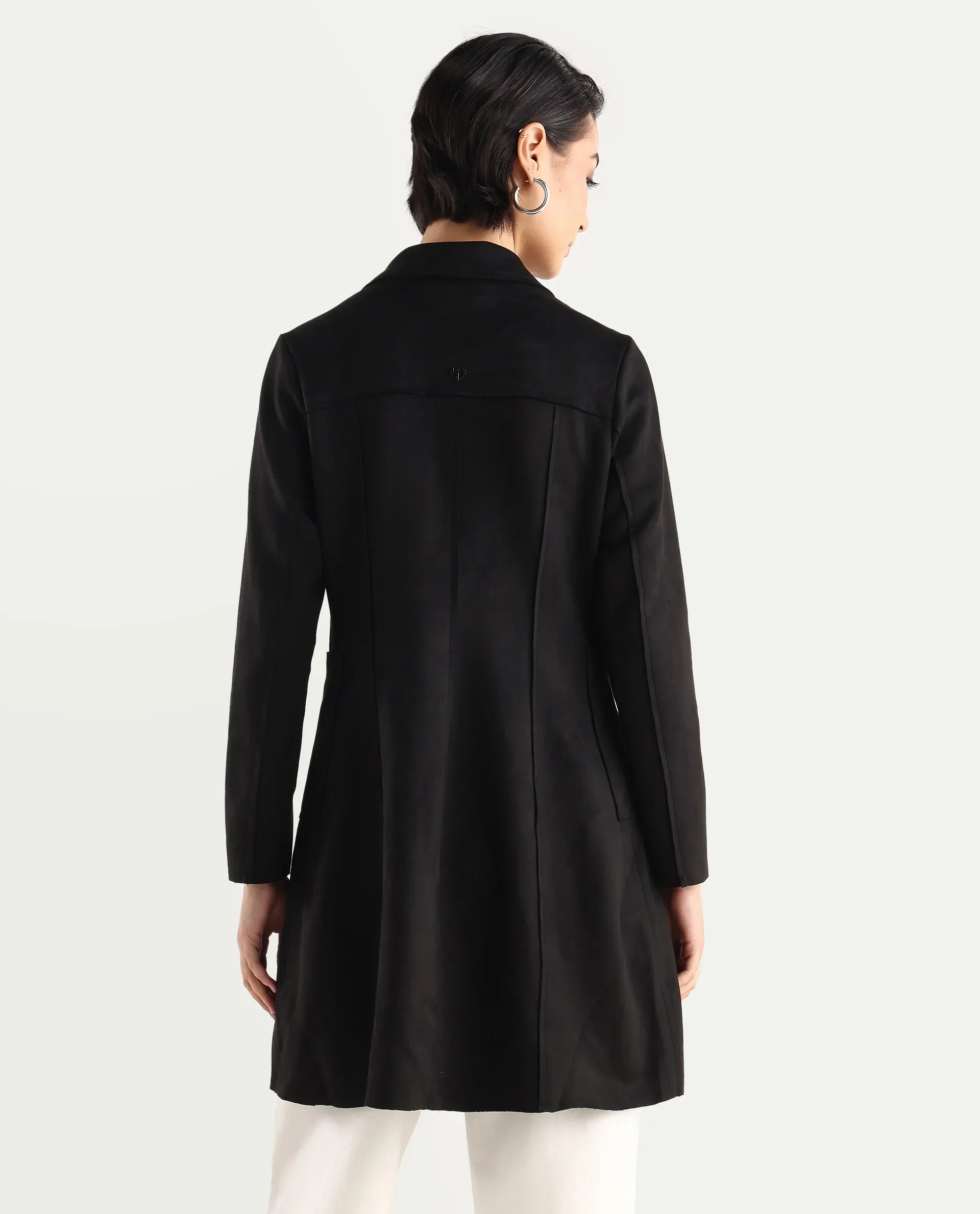 Rareism Women's Gawler Black Polyester Blend Lapel Neck Plain Midi Regular Fit Jacket