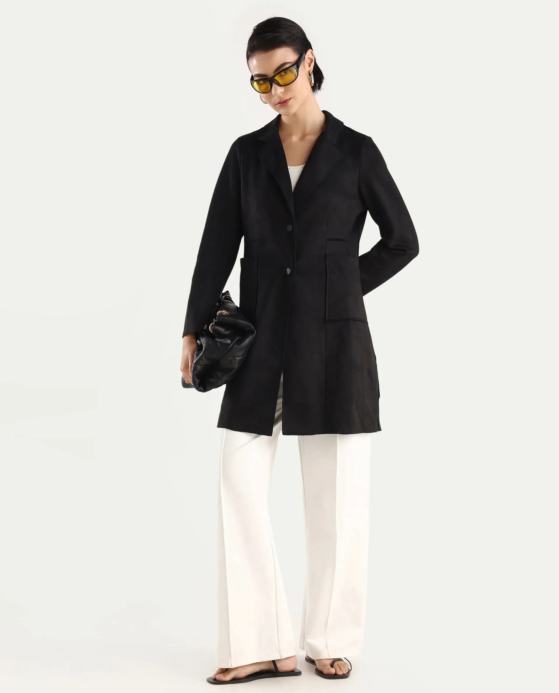 Rareism Women's Gawler Black Suede Lapel Neck Plain Midi Regular Fit Jacket