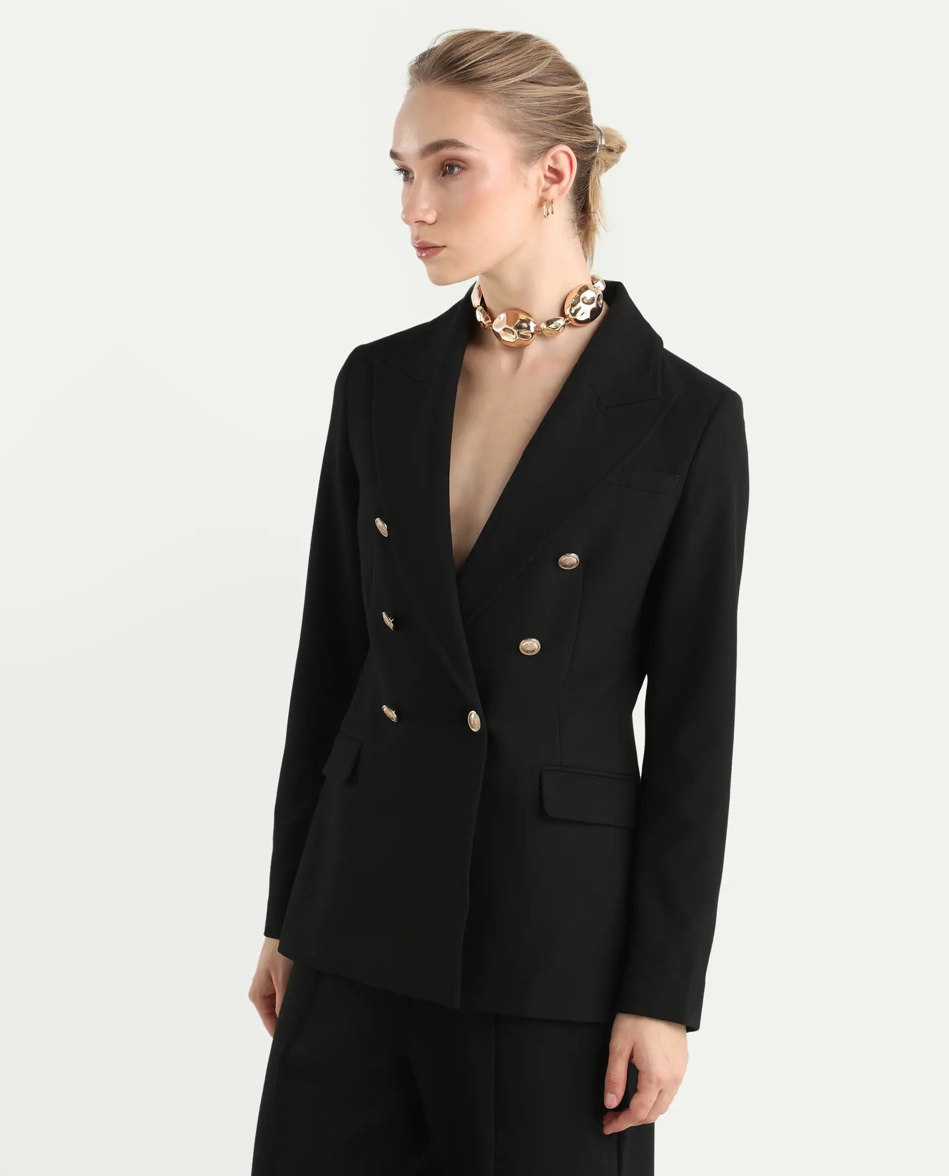 Rareism Women's Garoz Black Polyester Blend Fabric Full Sleeve Lapel Collar Plain Blazer