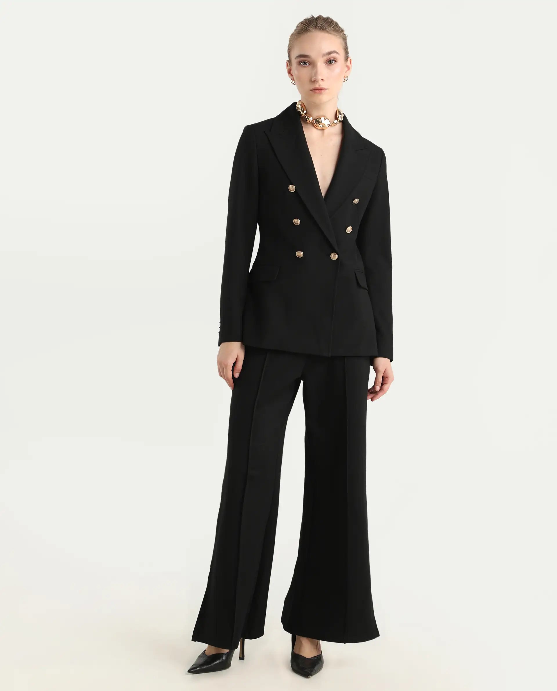 Rareism Women's Garoz Black Polyester Blend Fabric Full Sleeve Lapel Collar Plain Blazer