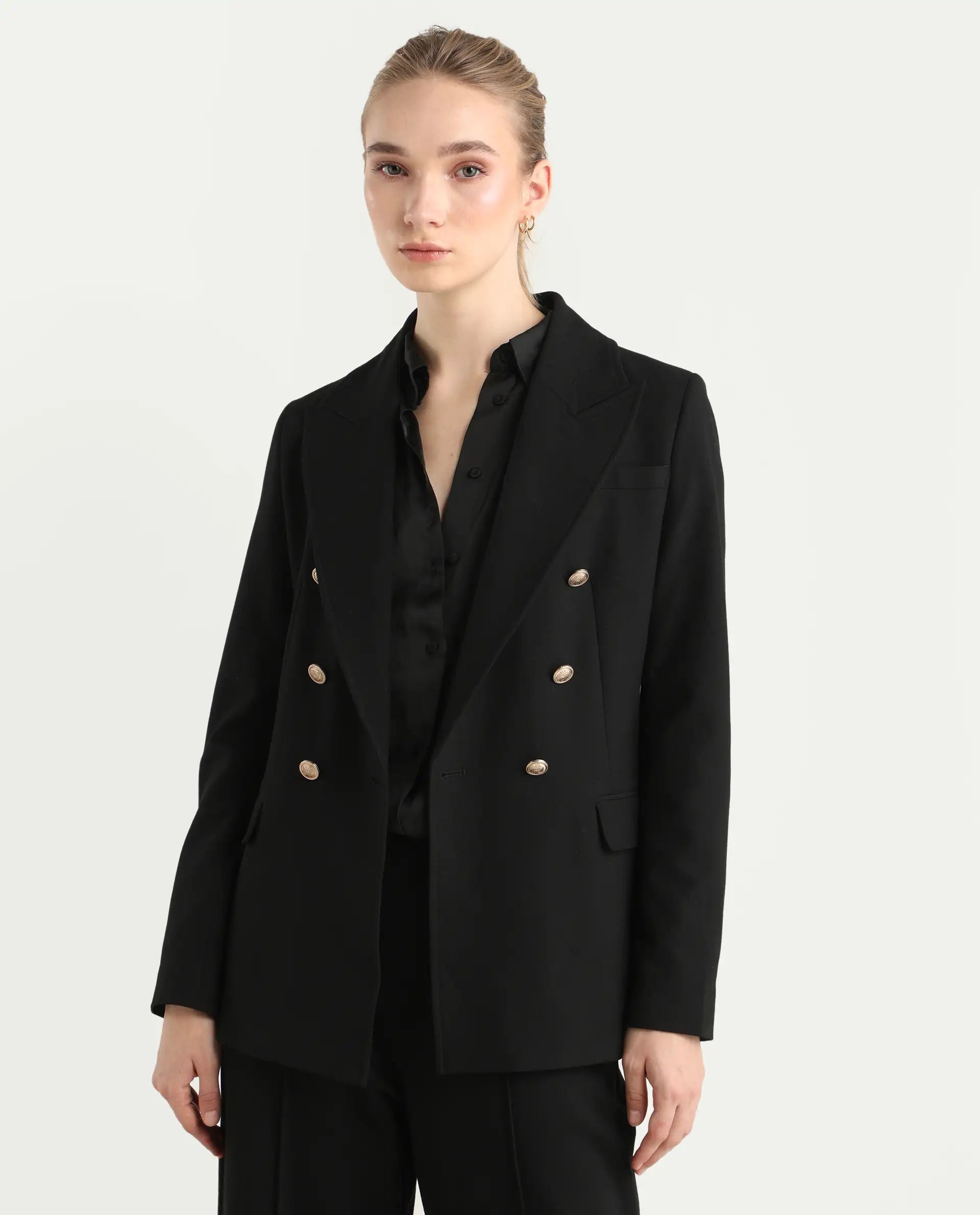 Rareism Women's Garoz Black Polyester Blend Fabric Full Sleeve Lapel Collar Plain Blazer