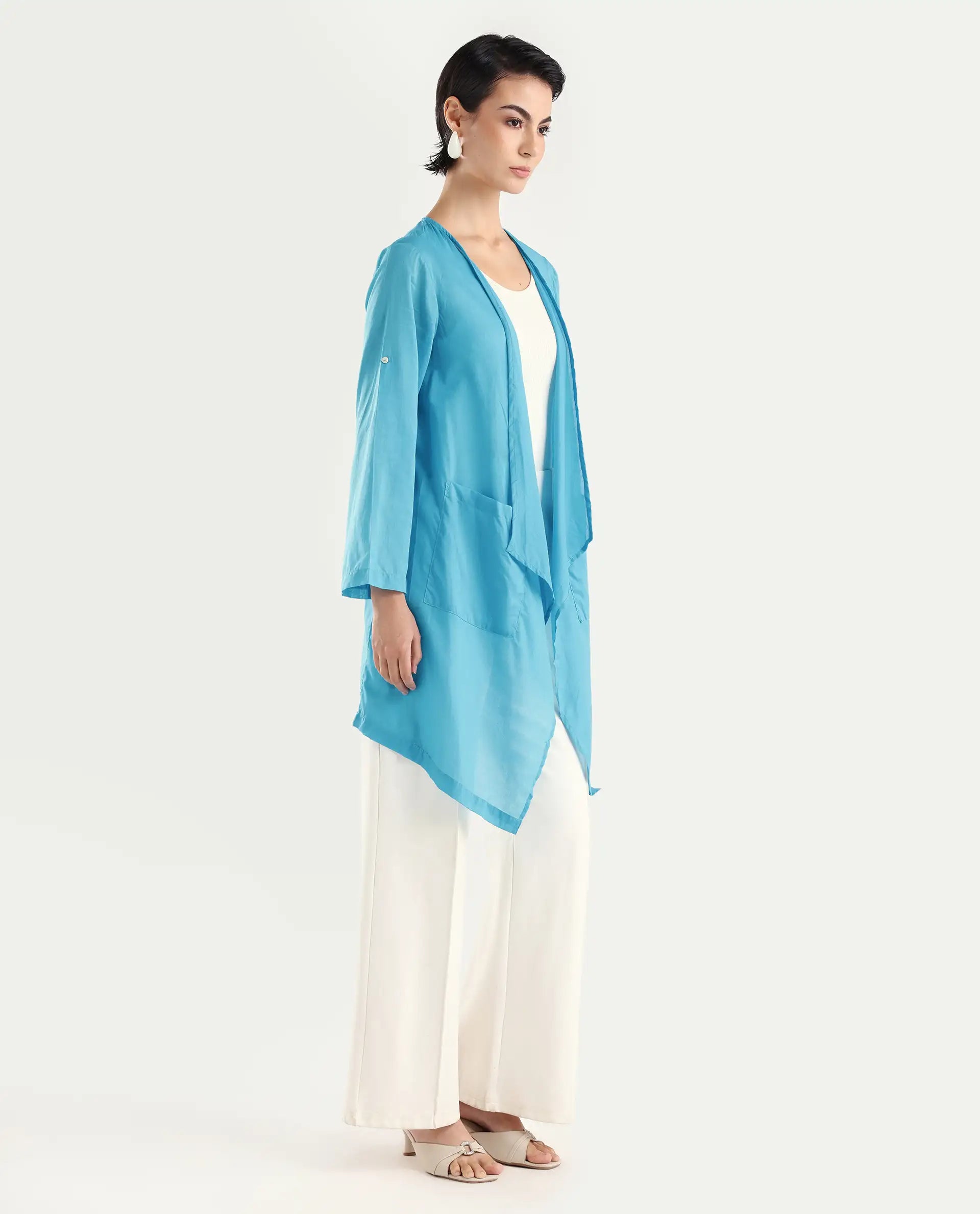 Rareism Women's Gazer Blue Cotton Collarless Regular Fit Outer Wear