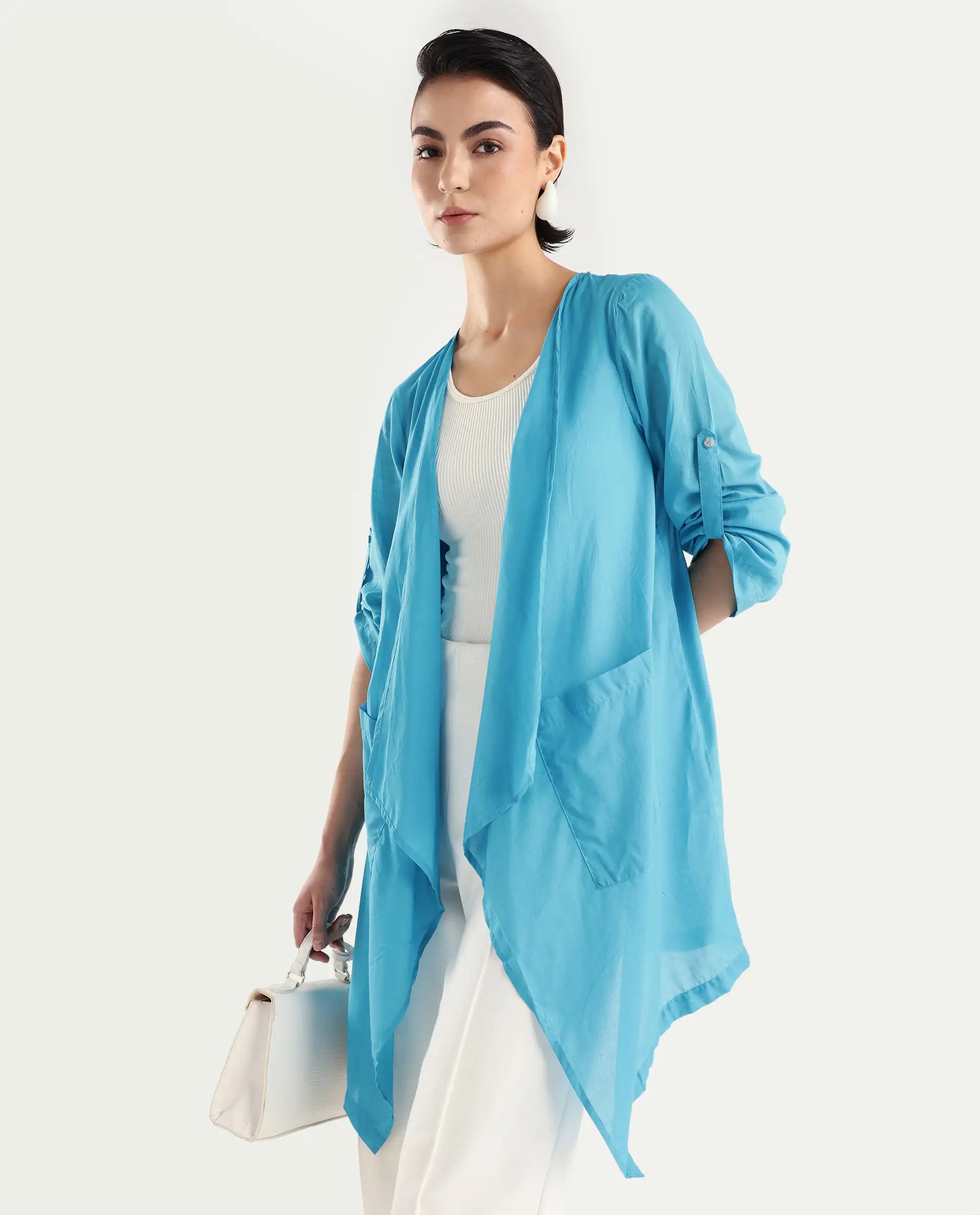 Rareism Women's Gazer Blue Cotton Collarless Regular Fit Outer Wear