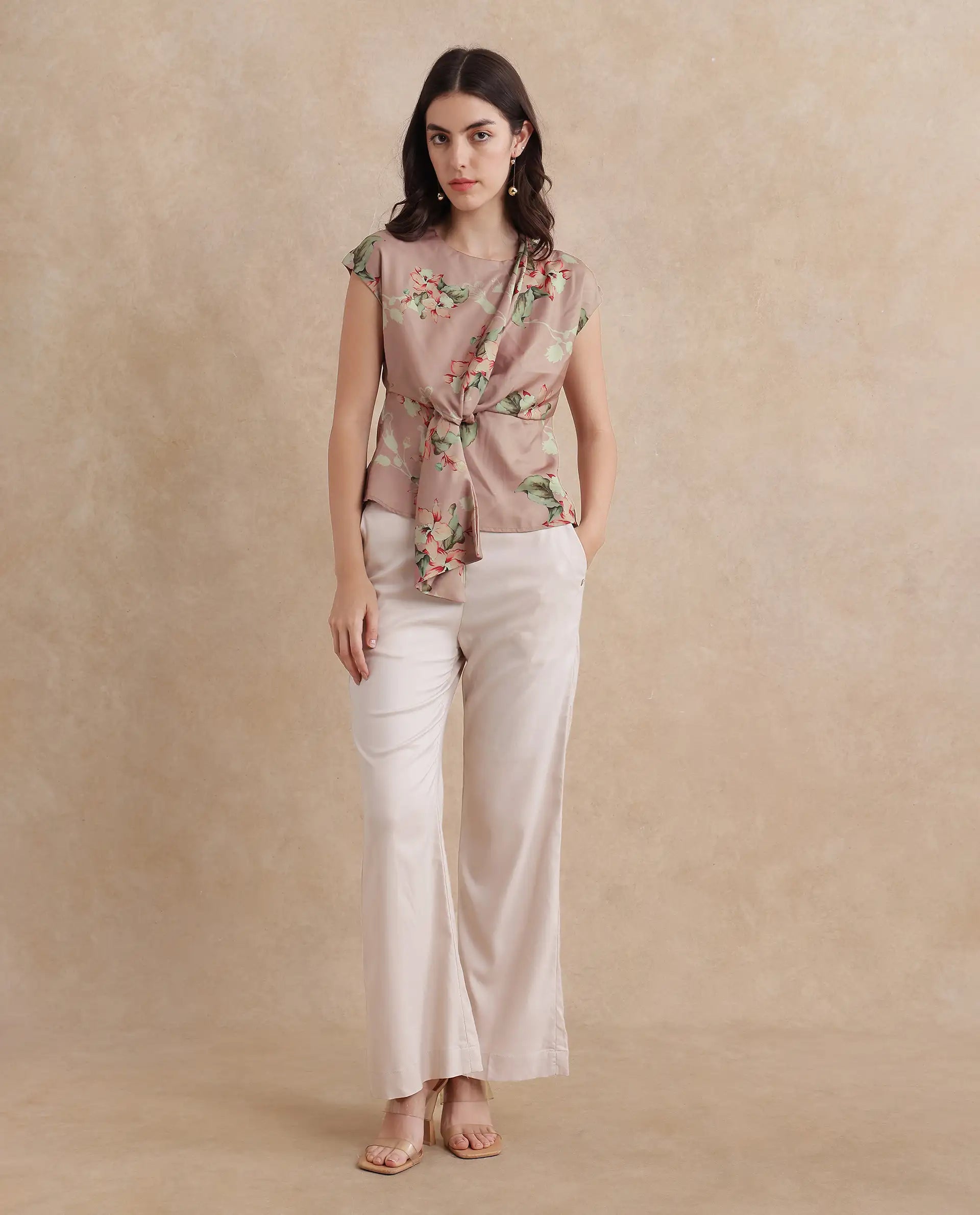 Rareism Women Geddly Multi Satin Extended Sleeves Cowl Neck Zipper Closure Floral Print Top