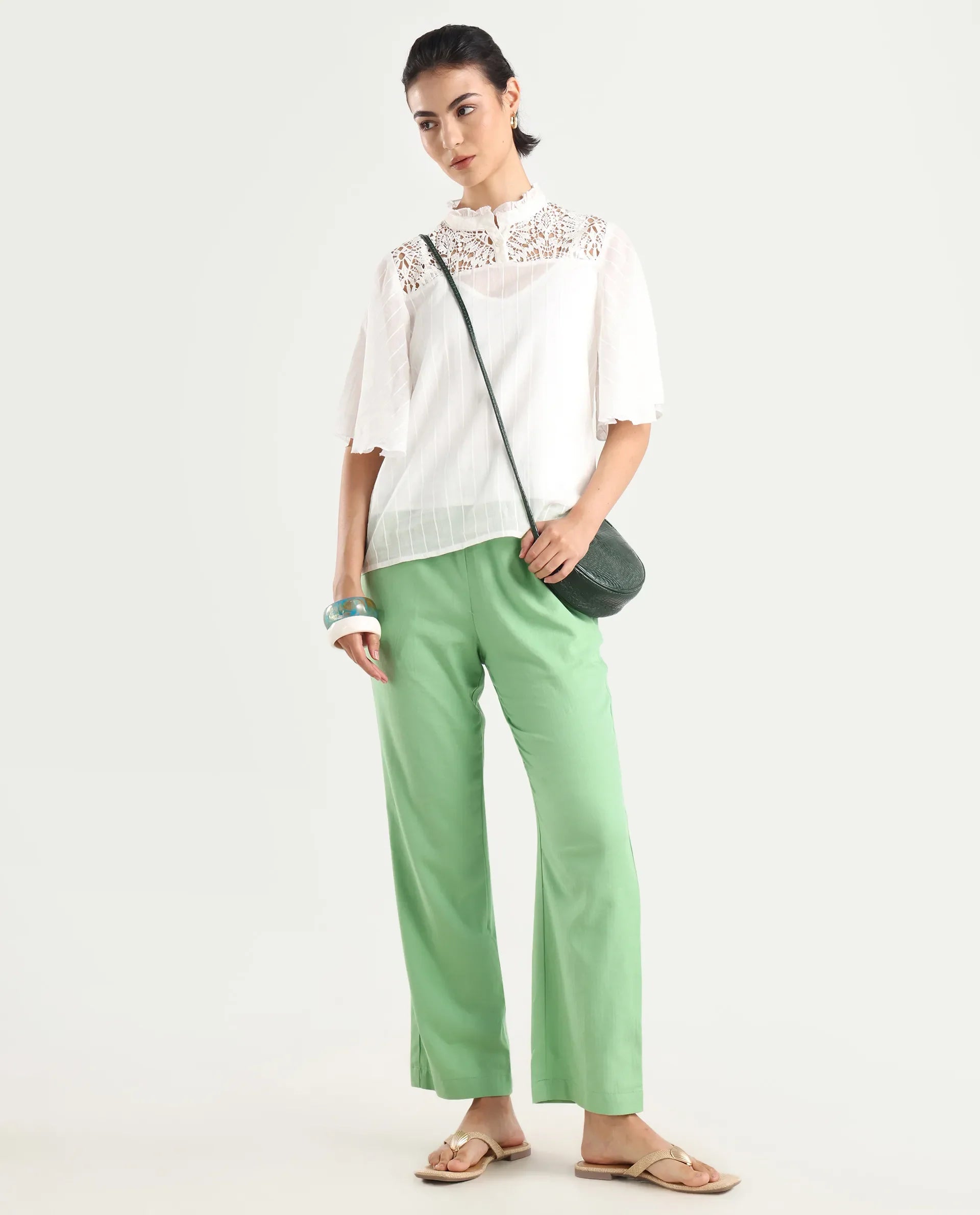 Rareism Women's Ged Green Cotton Abstract Print Ankle Length Straight Fit Trouser