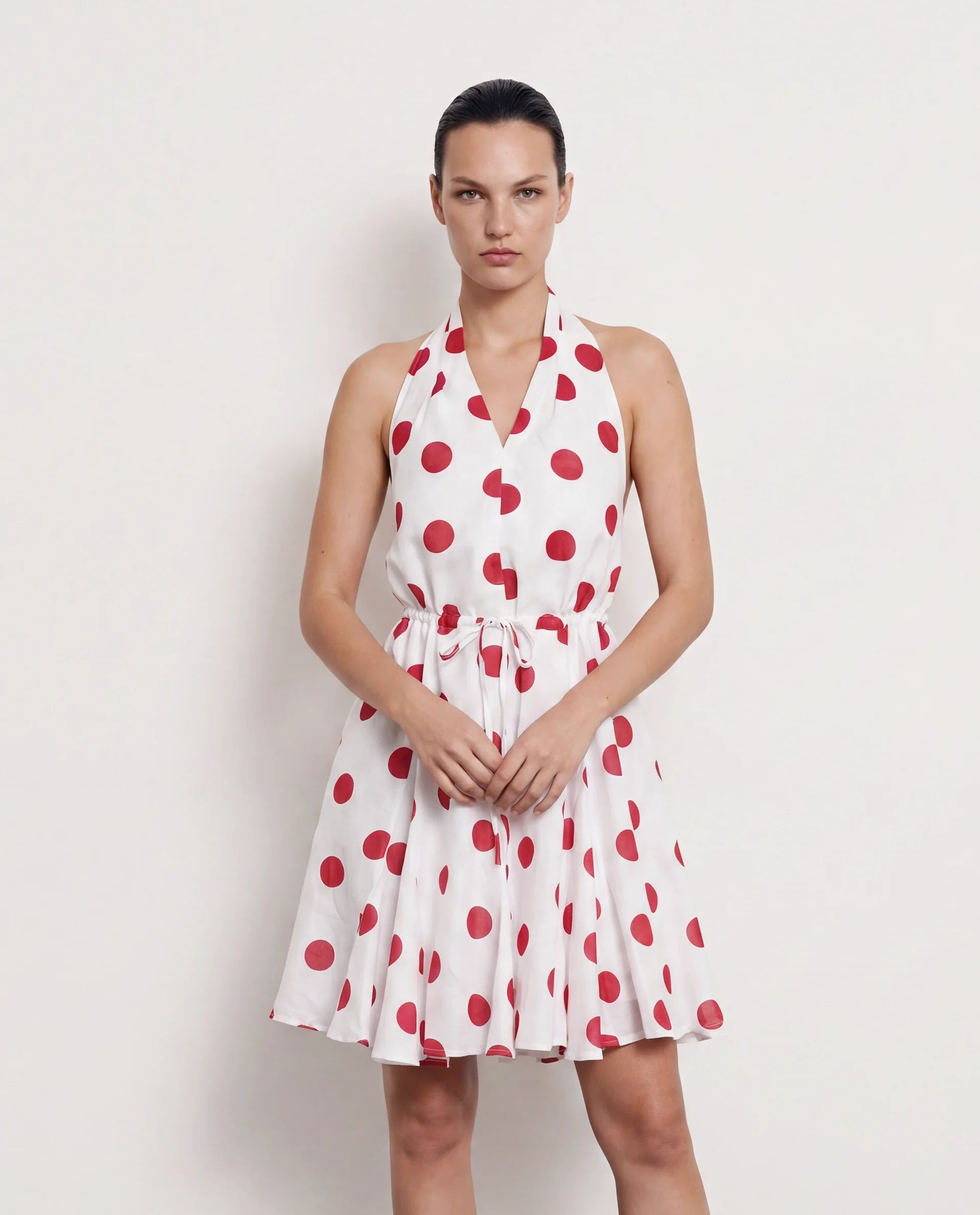 Rareism Women's Gela Red Linen Halter Neck Polka Print Sleeveless Mini Fit And Flare Dress