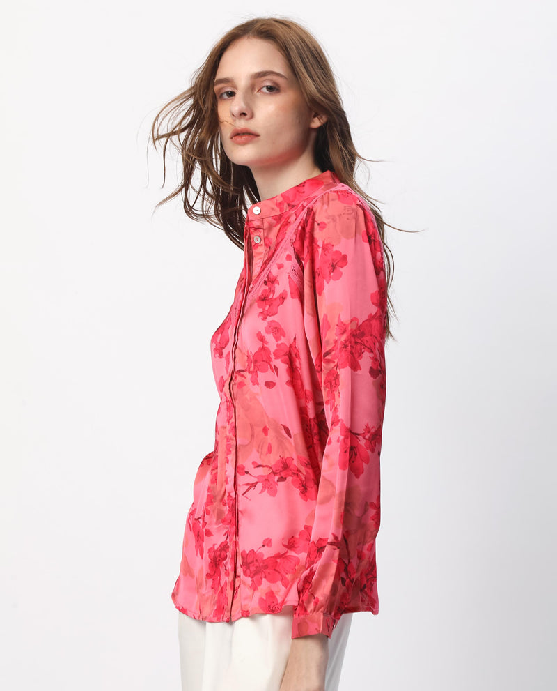 Rareism Women'S Gelbs Pink Polyester Fabric Full Sleeves Button Closure Mandarin Collar Regular Fit Floral Print Knee Length Top
