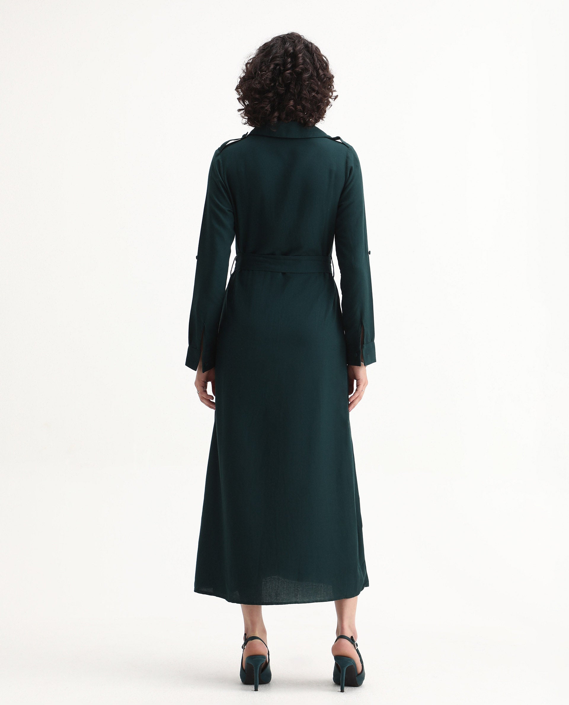 Rareism Women's Gellem Green Cotton Blend Drop Collar Plain Cuffed Sleeve Midi A-Line Dress
