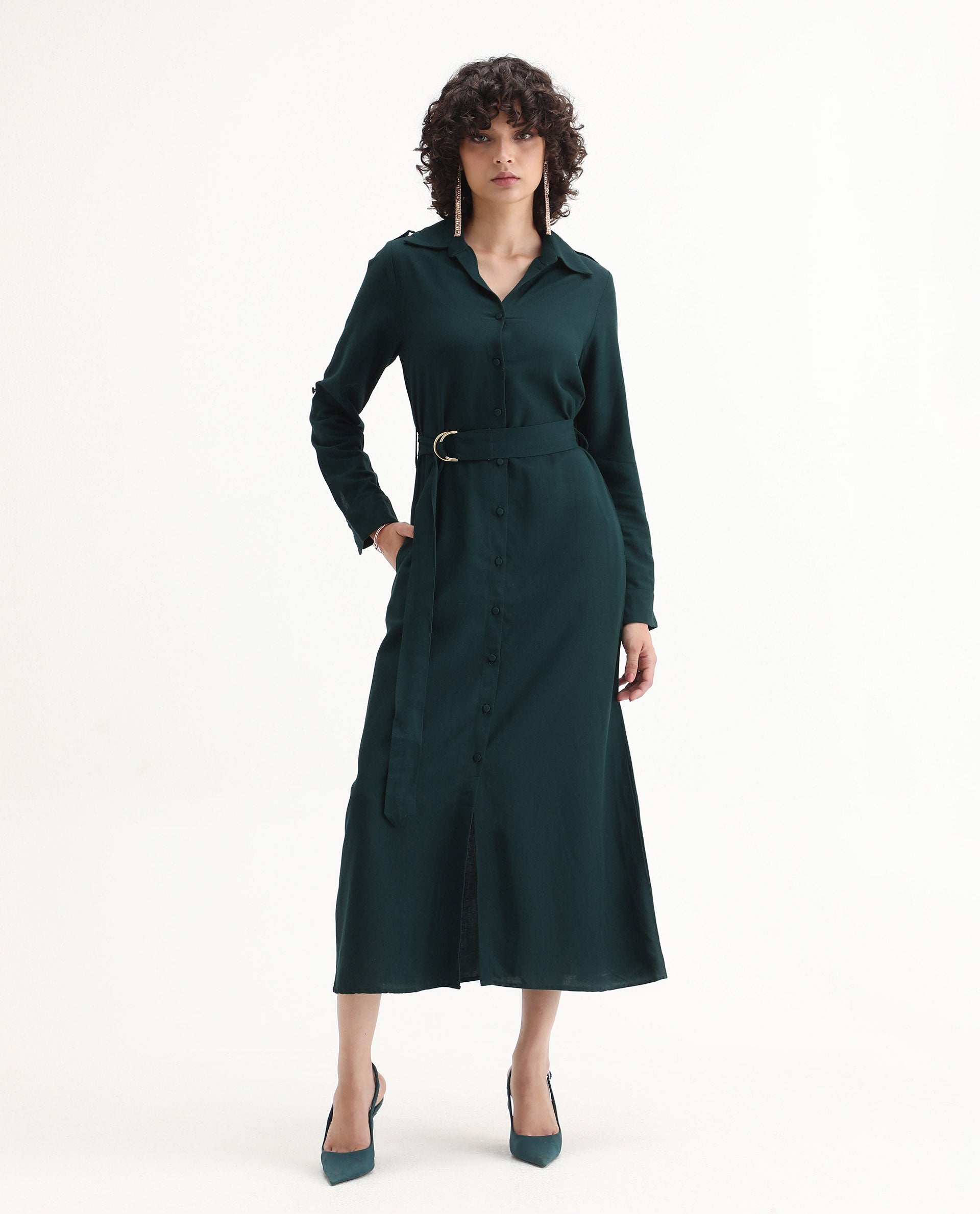Rareism Women's Gellem Green Cotton Blend Drop Collar Plain Cuffed Sleeve Midi A-Line Dress