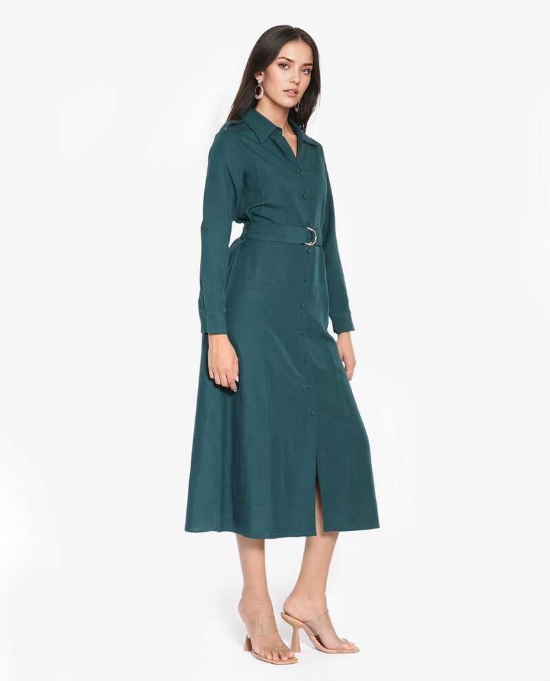 Rareism Women Gellem Green Cotton Linen Fabric Regular Sleeves Collared Neck Solid Longline Dress