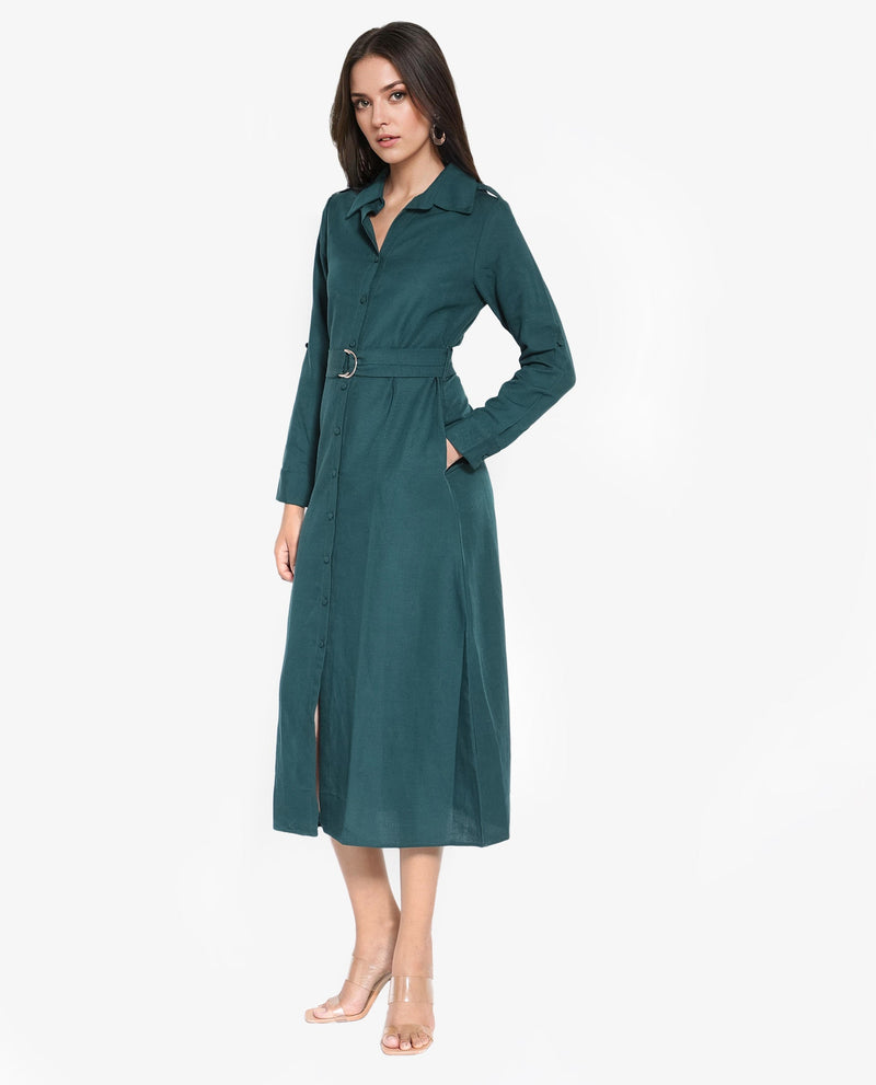 Rareism Women Gellem Green Cotton Linen Fabric Regular Sleeves Collared Neck Solid Longline Dress