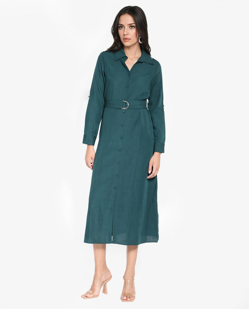 Rareism Women Gellem Green Cotton Linen Fabric Regular Sleeves Collared Neck Solid Longline Dress