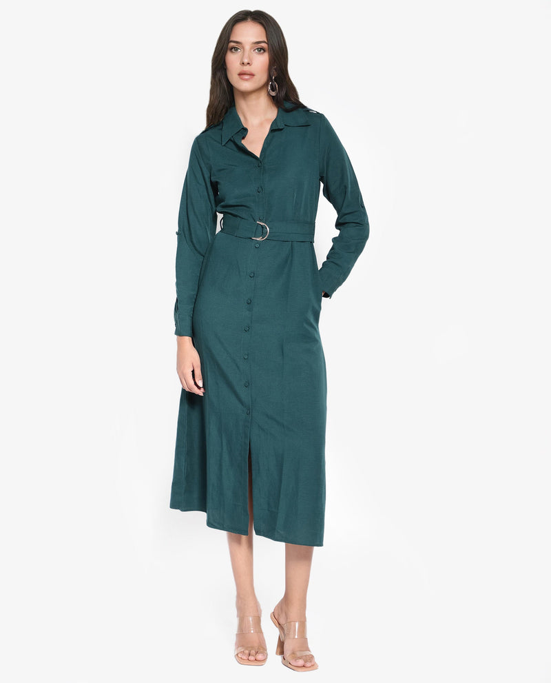 Rareism Women Gellem Green Cotton Linen Fabric Regular Sleeves Collared Neck Solid Longline Dress