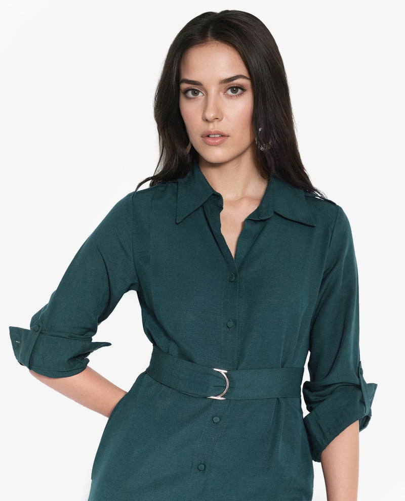 Rareism Women Gellem Green Cotton Linen Fabric Regular Sleeves Collared Neck Solid Longline Dress