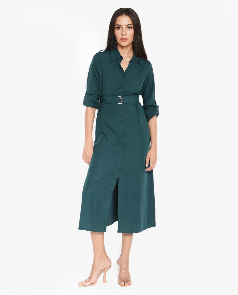 Rareism Women Gellem Green Cotton Linen Fabric Regular Sleeves Collared Neck Solid Longline Dress