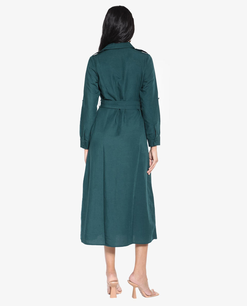 Rareism Women Gellem Green Cotton Linen Fabric Regular Sleeves Collared Neck Solid Longline Dress