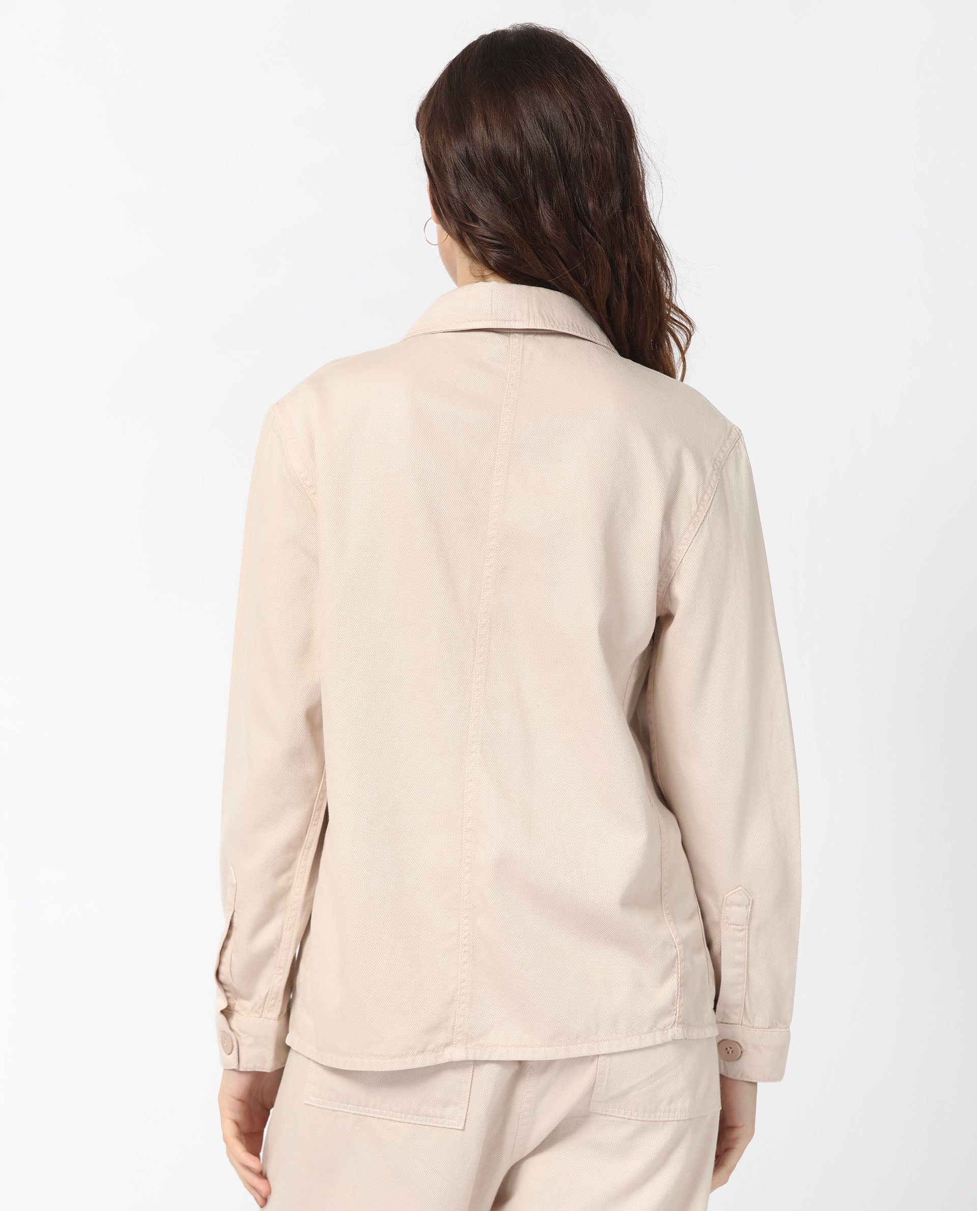 Rareism Women Genesis Beige Tencel Fabric Full Sleeves Solid Shirt Collar Jacket
