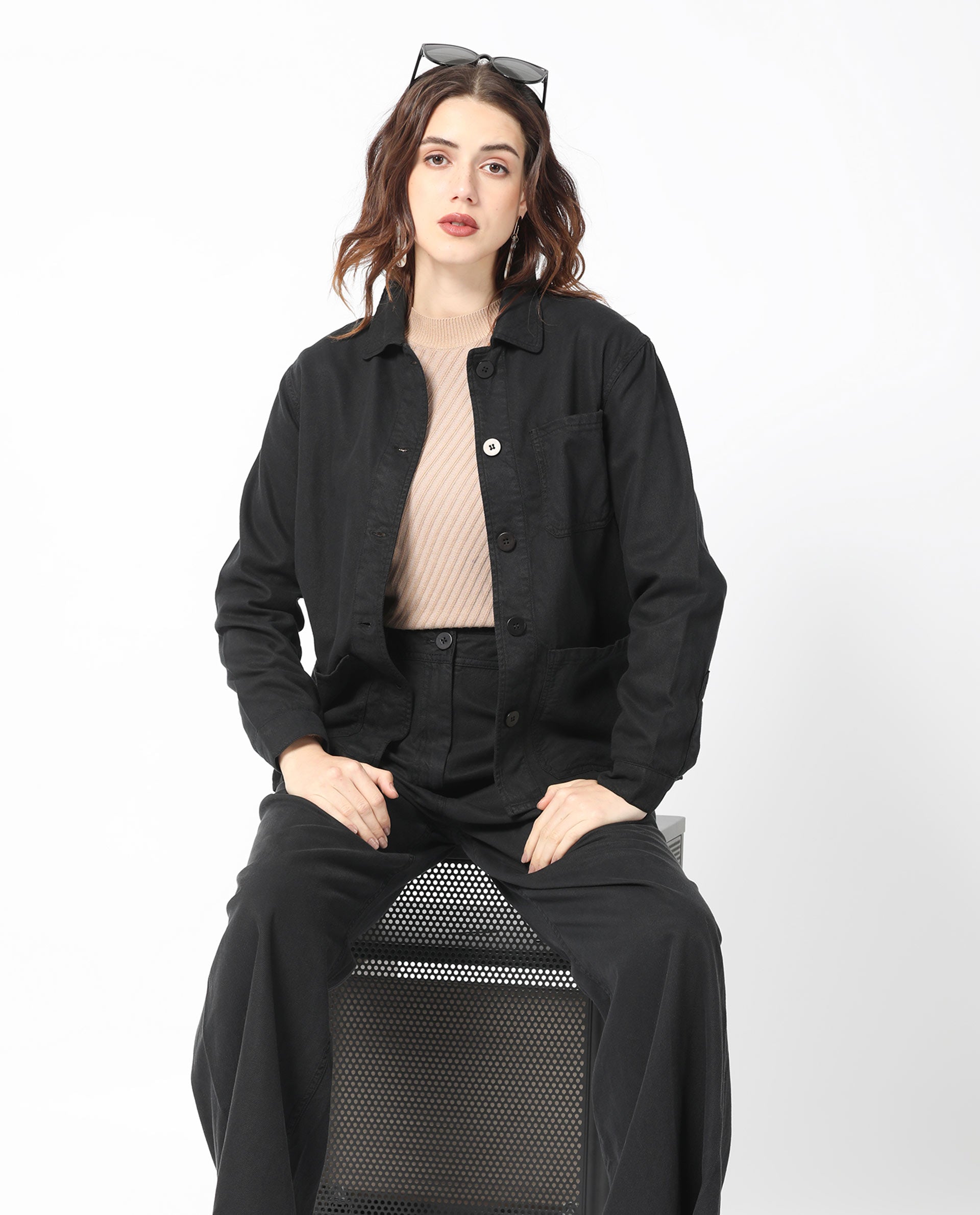 Rareism Women Genesis Black Tencel Fabric Full Sleeves Button Closure Shirt Collar Regular Fit Plain Jacket