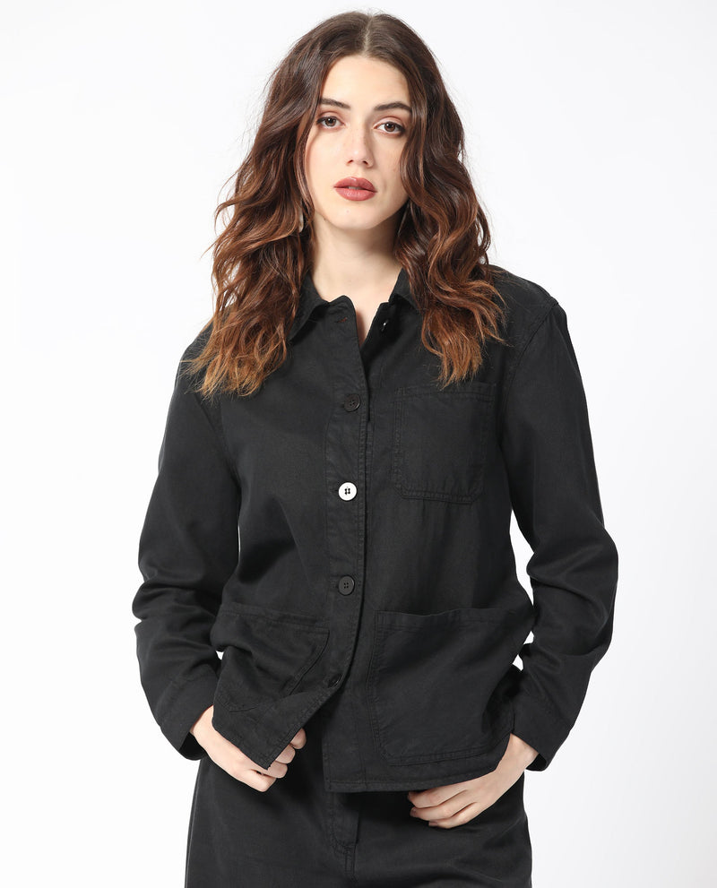 Rareism Women Genesis Black Tencel Fabric Full Sleeves Button Closure Shirt Collar Regular Fit Plain Jacket