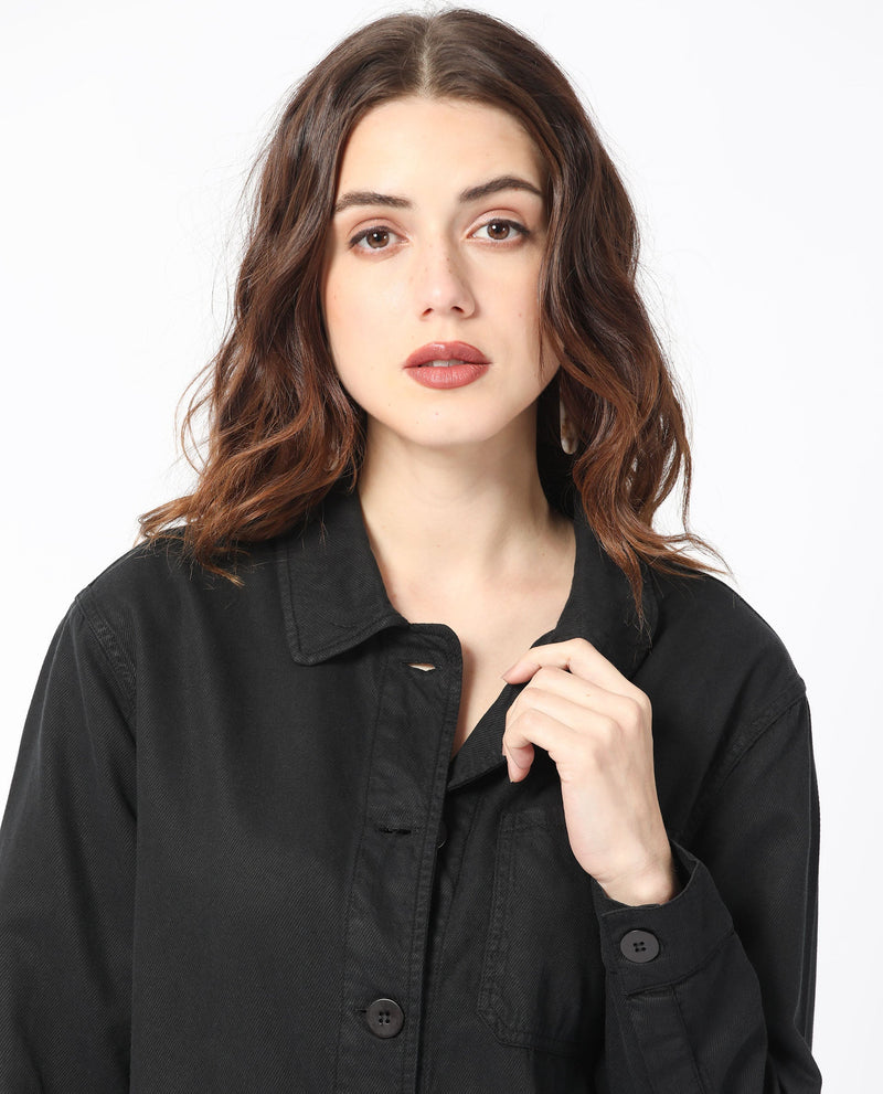 Rareism Women Genesis Black Tencel Fabric Full Sleeves Button Closure Shirt Collar Regular Fit Plain Jacket