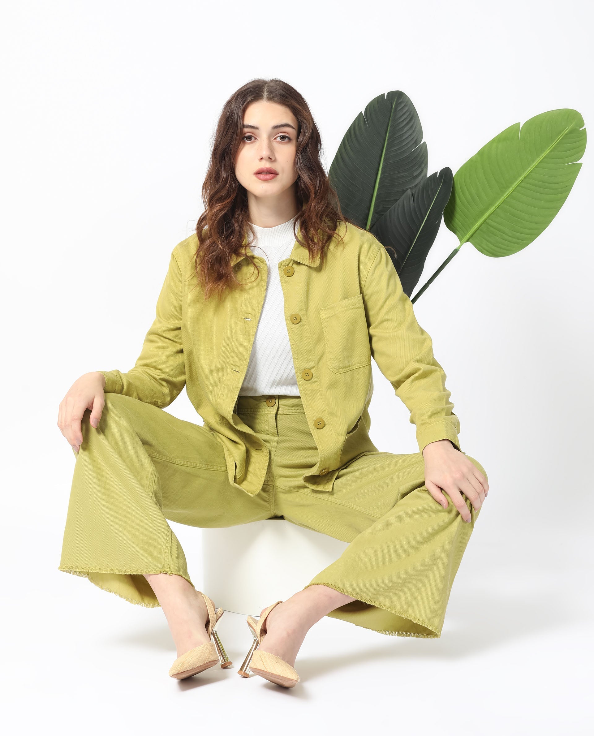 Rareism Women Genesis Flouroscent Green Tencel Fabric Full Sleeves Solid Shirt Collar Jacket