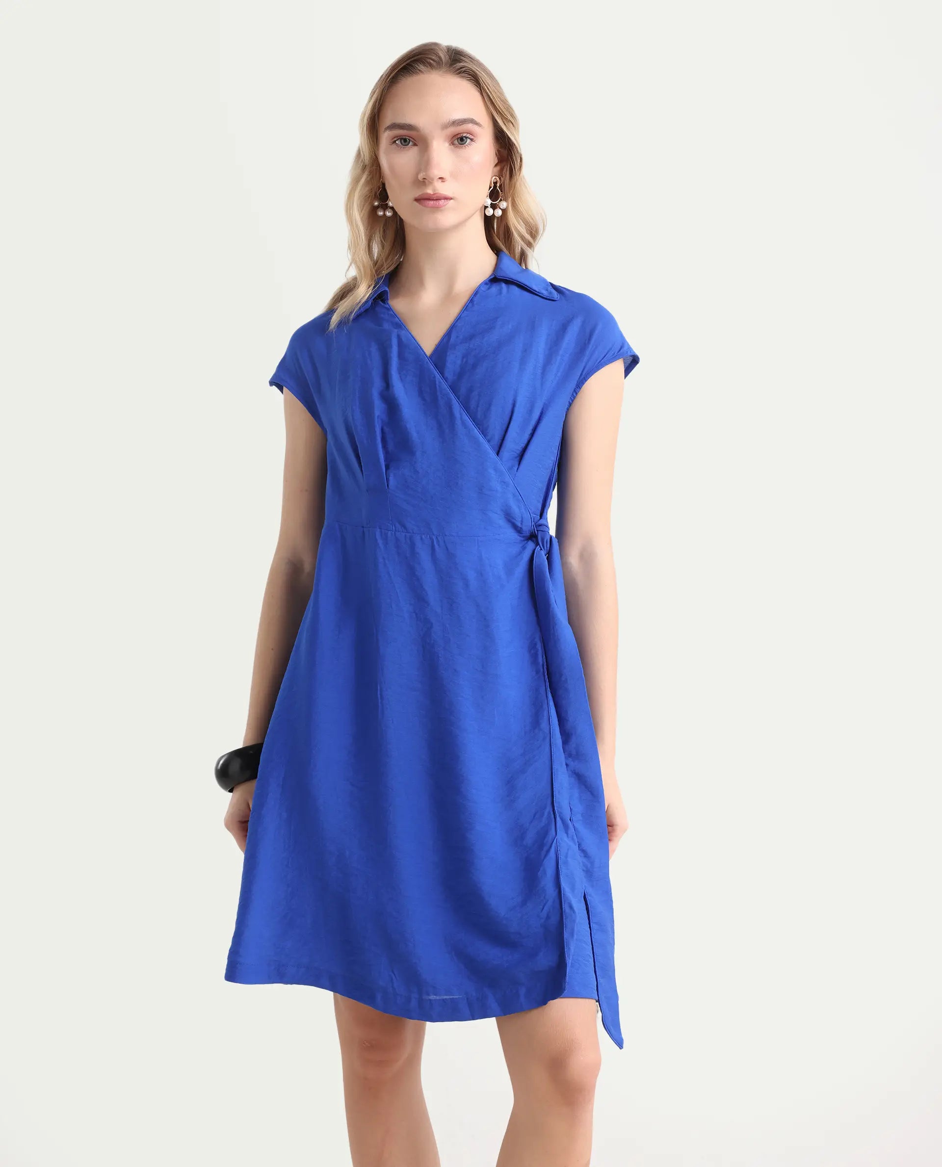 Rareism Women's Gesto Blue Viscose Blend Drop Collar Plain Extended Sleeves Mini Regular Fit Dress