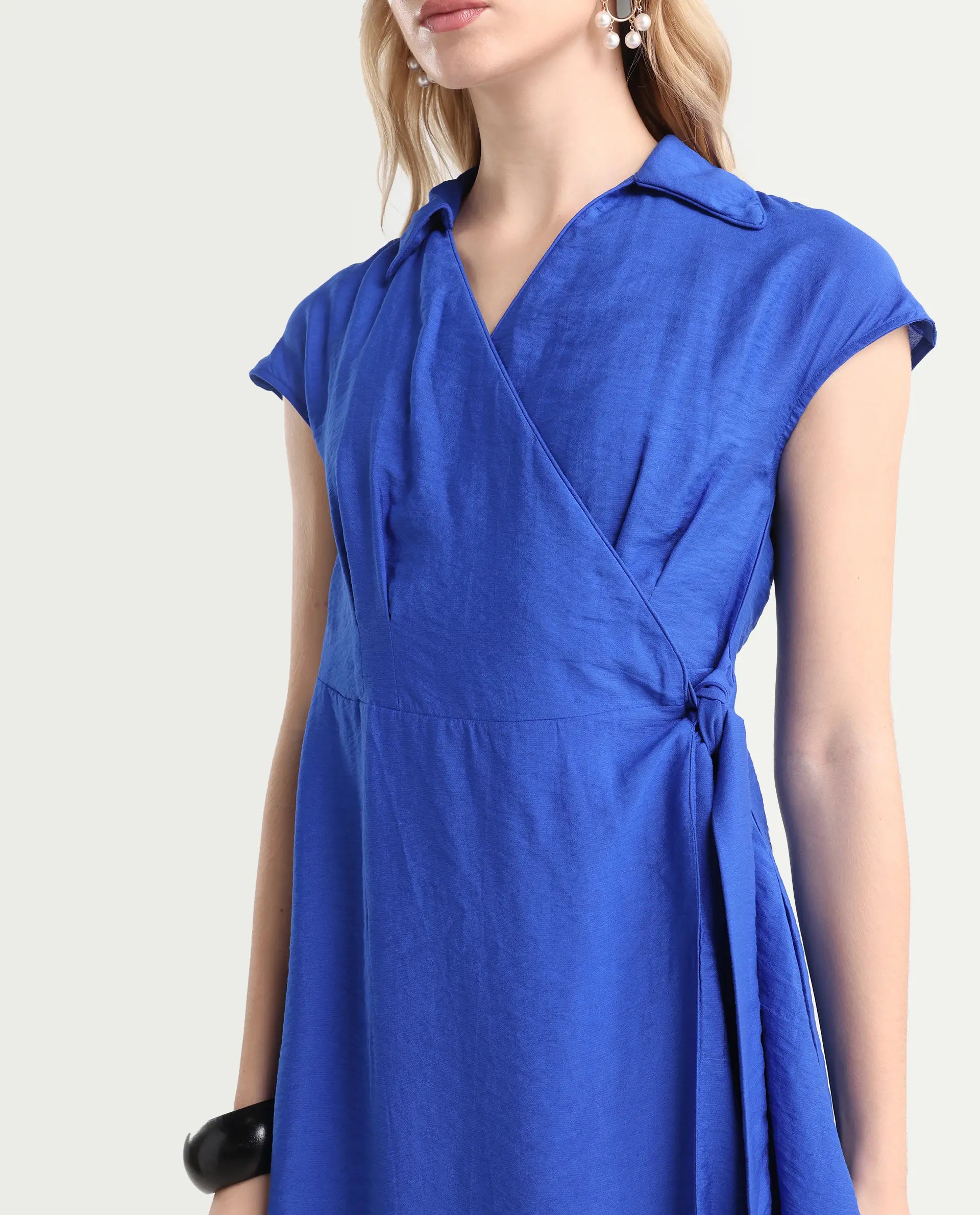 Rareism Women's Gesto Blue Viscose Blend Drop Collar Plain Extended Sleeves Mini Regular Fit Dress