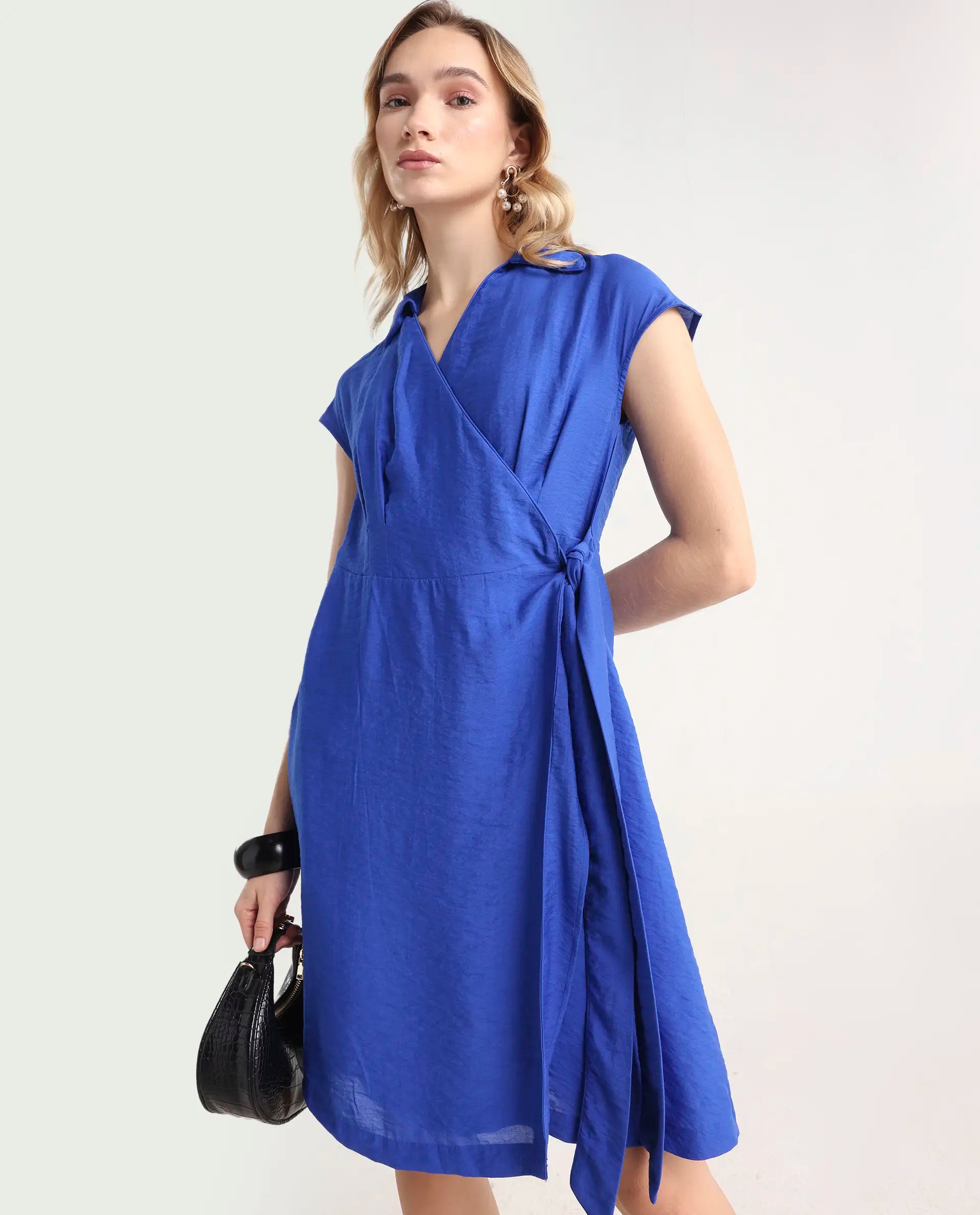 Rareism Women's Gesto Blue Viscose Blend Drop Collar Plain Extended Sleeves Mini Regular Fit Dress