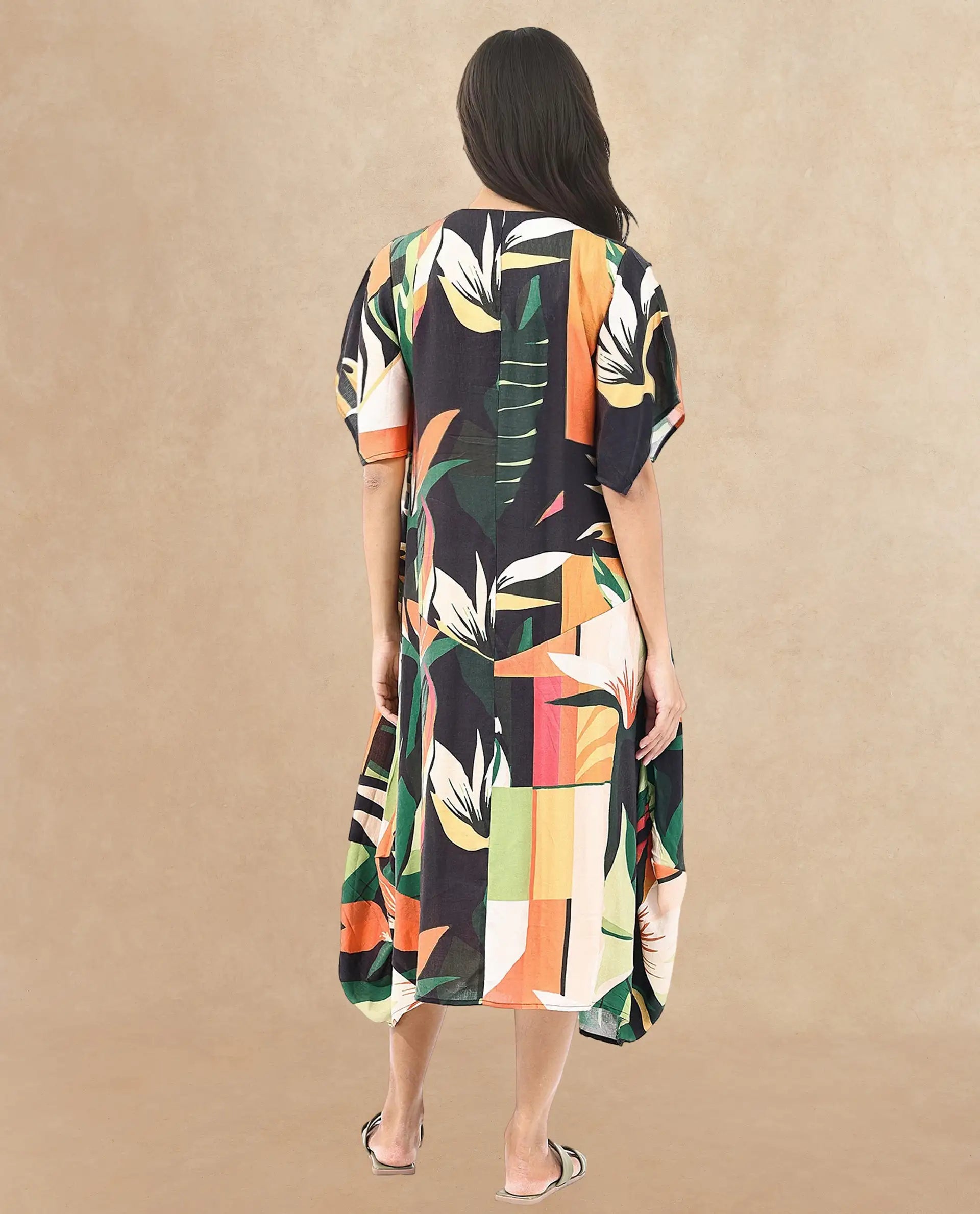 Rareism Women's Gesto Multi Viscose Blend V-Neck Abstract Print Midi Balloon Dress