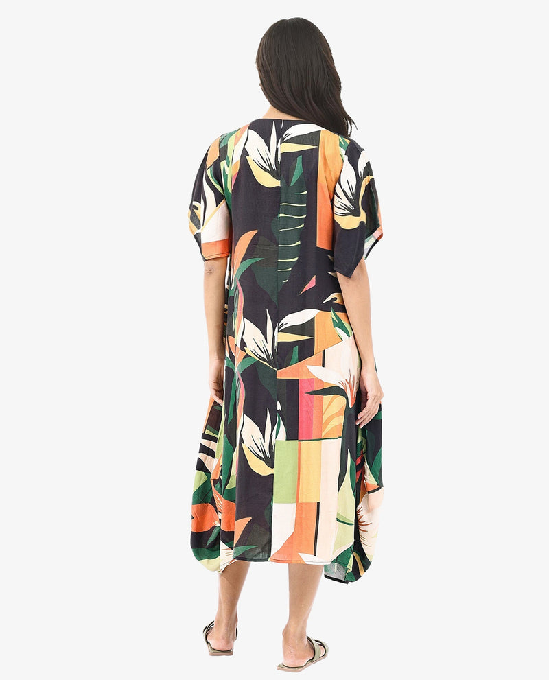 Rareism Women Gesto Multi 3/4Th Sleeve V-Neck Balloon Fit Abstract Print Midi Dress