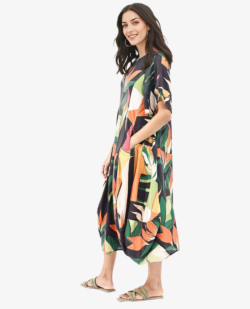 Rareism Women Gesto Multi 3/4Th Sleeve V-Neck Balloon Fit Abstract Print Midi Dress