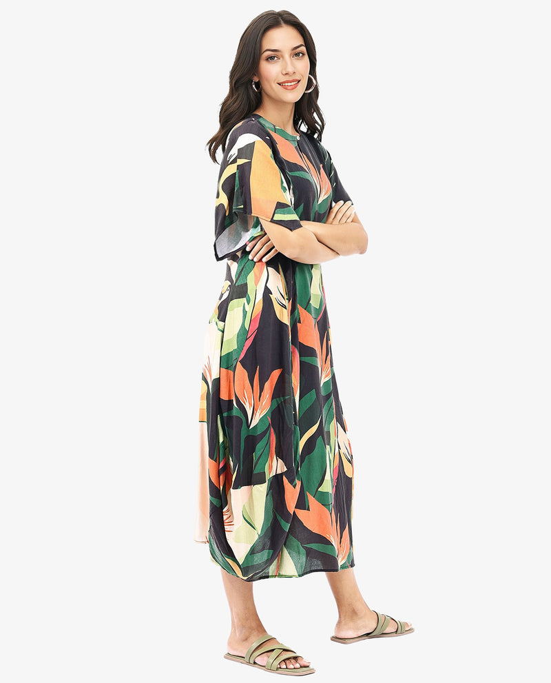 Rareism Women Gesto Multi 3/4Th Sleeve V-Neck Balloon Fit Abstract Print Midi Dress