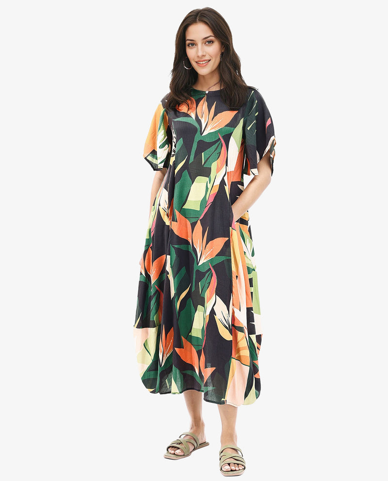 Rareism Women Gesto Multi 3/4Th Sleeve V-Neck Balloon Fit Abstract Print Midi Dress