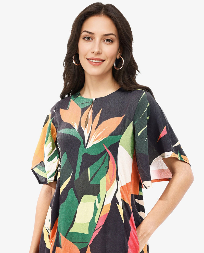 Rareism Women Gesto Multi 3/4Th Sleeve V-Neck Balloon Fit Abstract Print Midi Dress